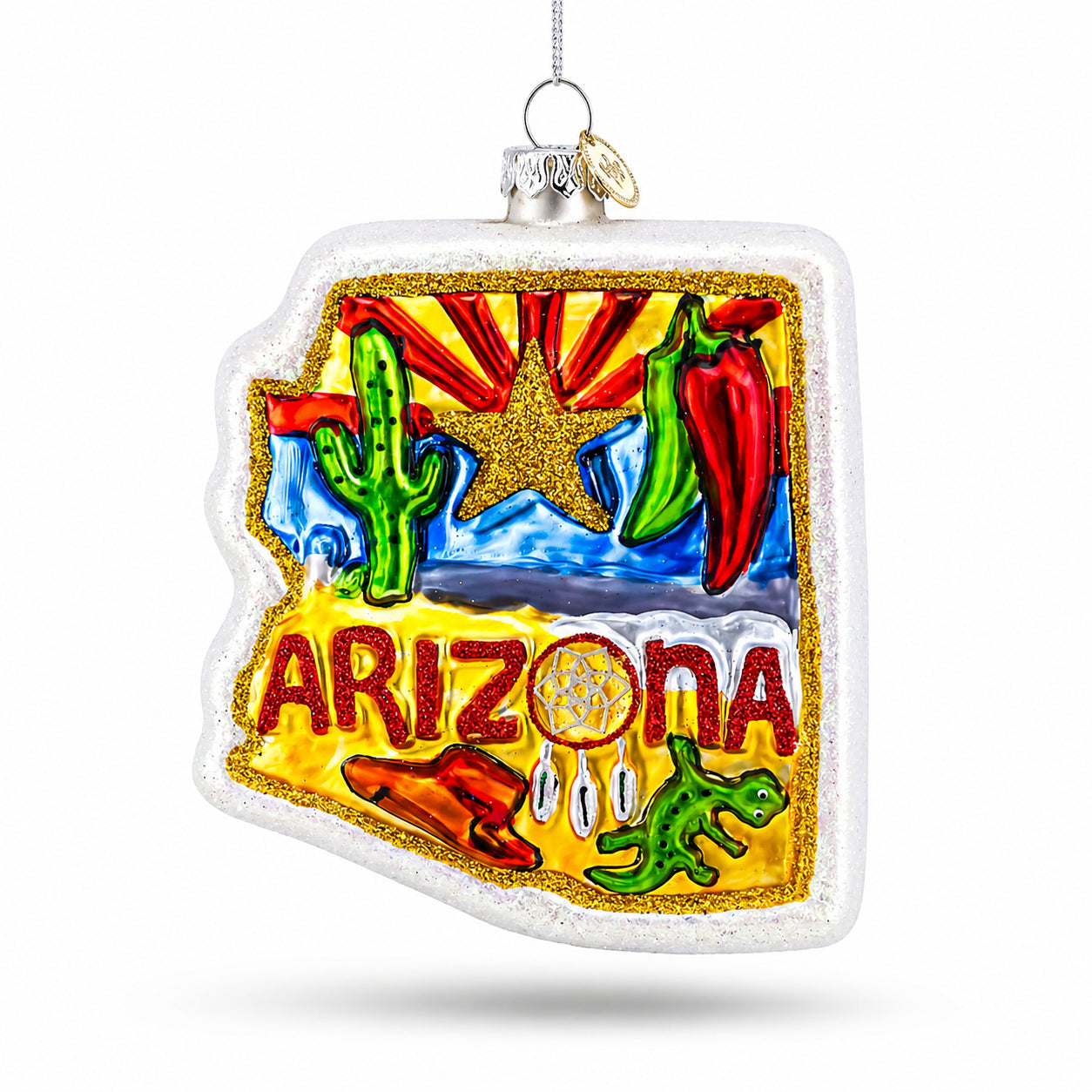 State of Arizona Symbols, USA Glass Christmas Ornament in Blue color Figurine