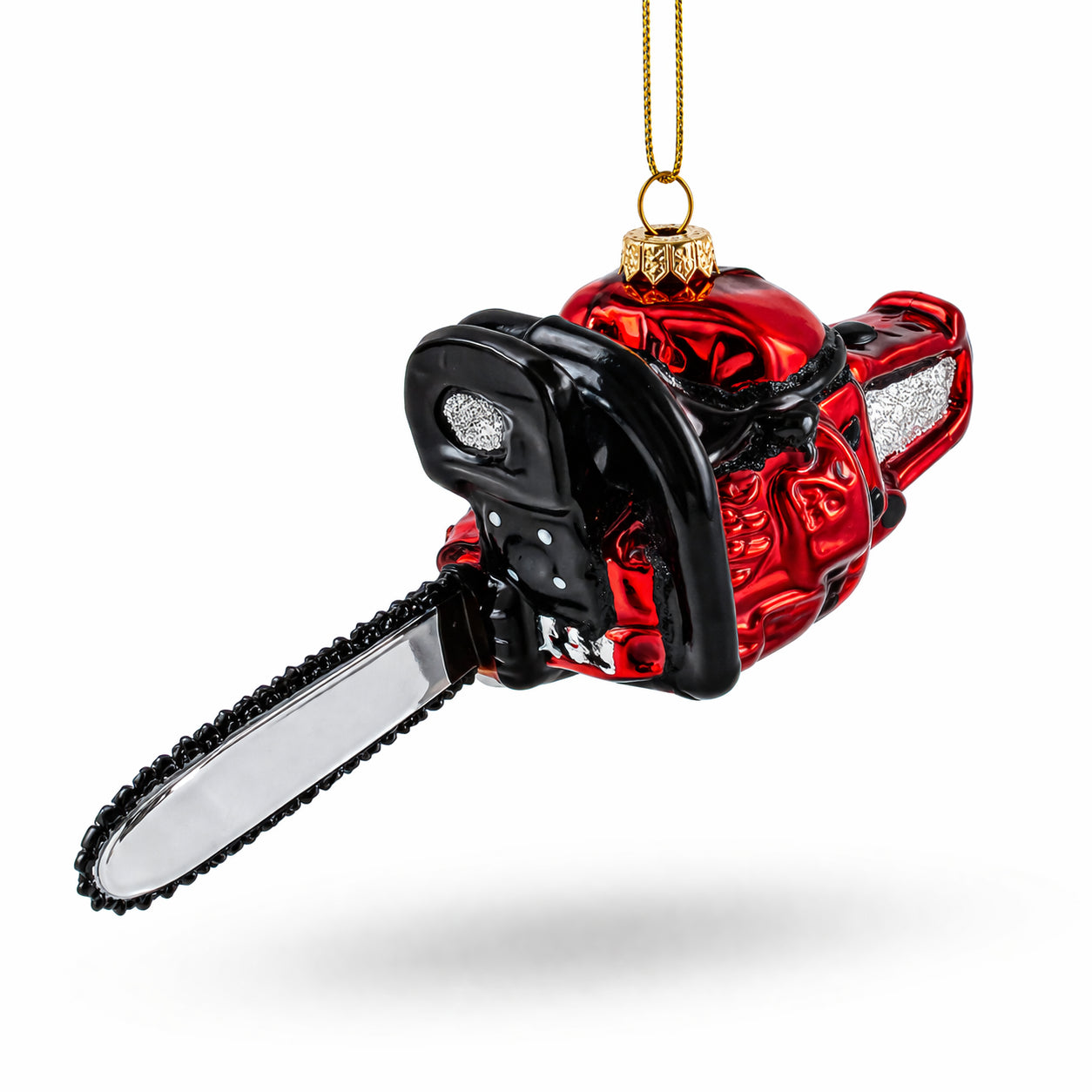 Rustic Chainsaw Glass Christmas Ornament in Red color Figurine