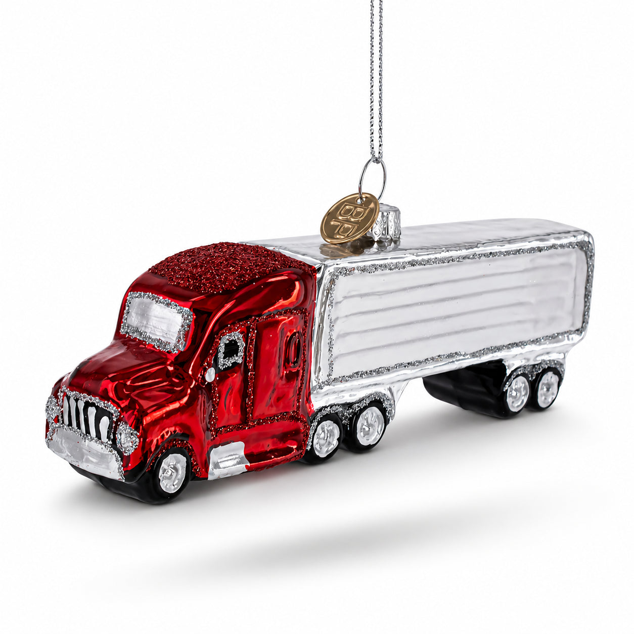 Red Semi Truck with Silver Trailer Glass Christmas Ornament in Multi color Figurine