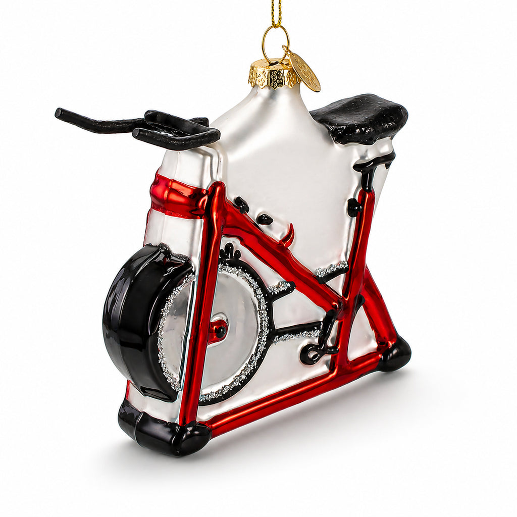 Red Stationary Exercise Bike Glass Christmas Ornament in Multi color Figurine