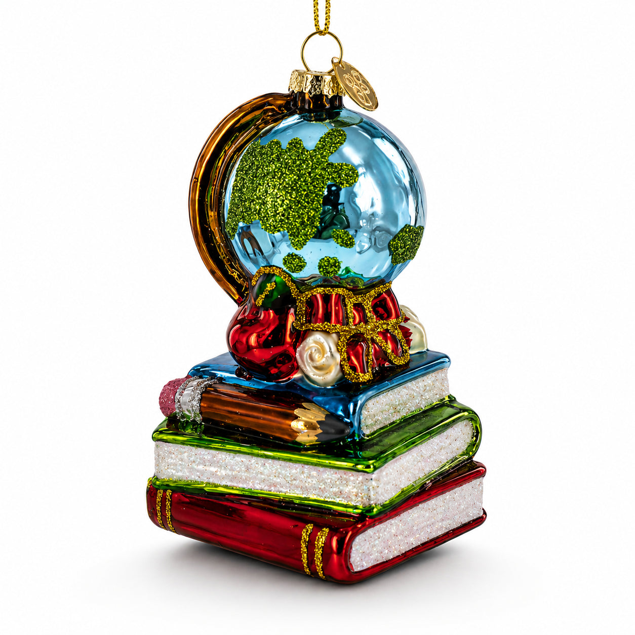 Teacher’s Globe and Books Glass Christmas Ornament in Multi color Figurine