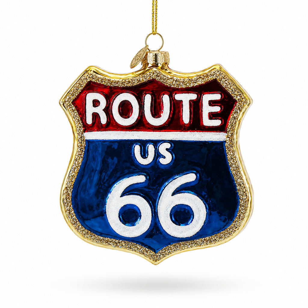 Iconic Route 66 Sign Glass Christmas Ornament in Multi color Figurine