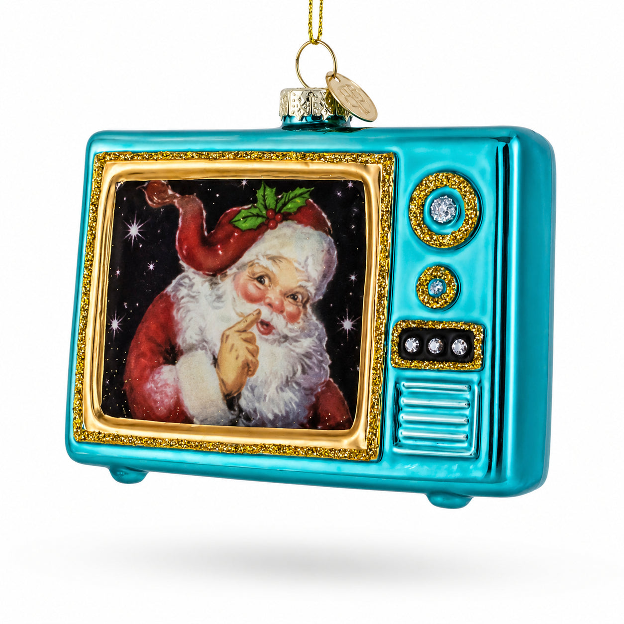 Vintage Television Santa Broadcast Glass Christmas Ornament in Multi color Figurine