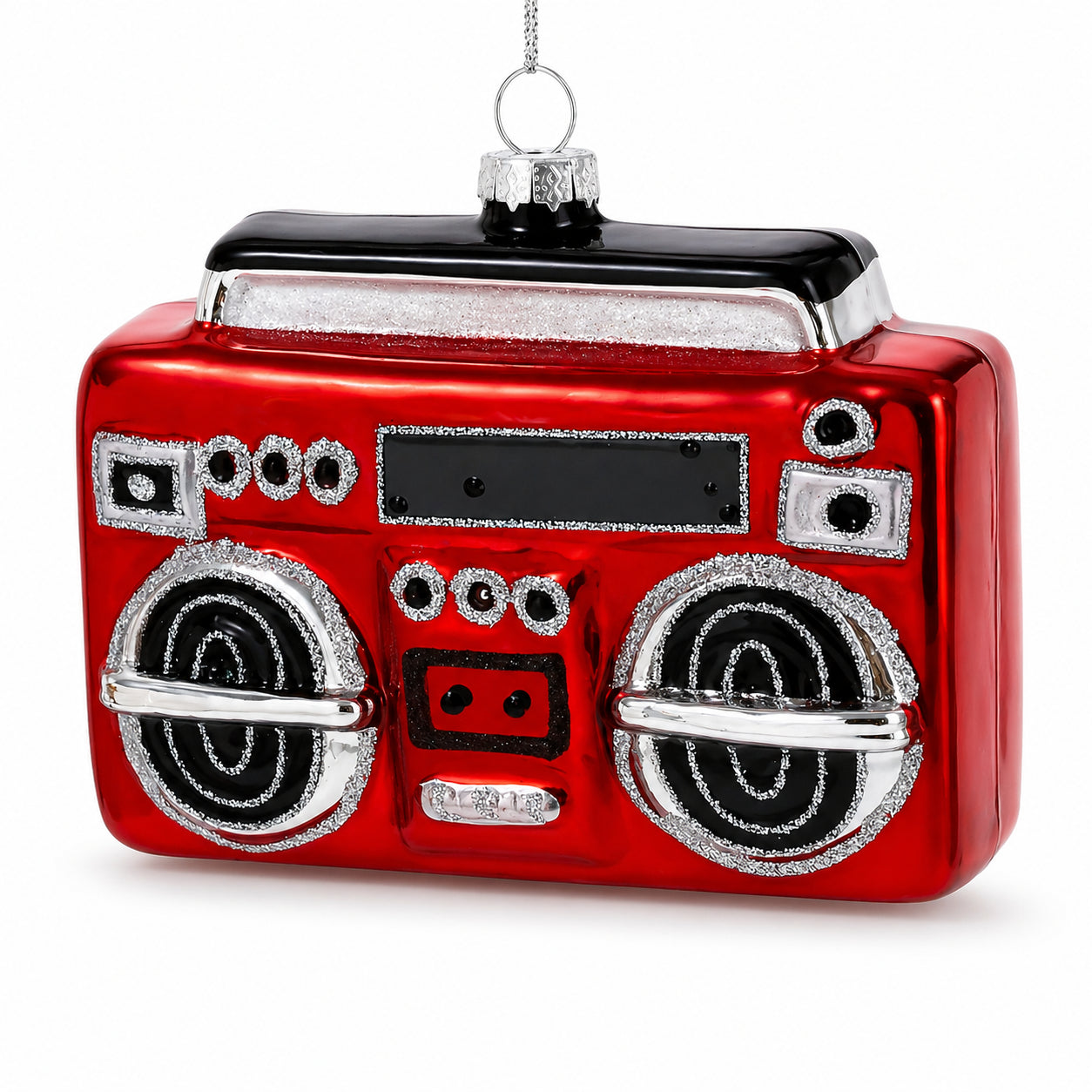 Retro Red Boombox Glass Christmas Ornament in Red color Figurine