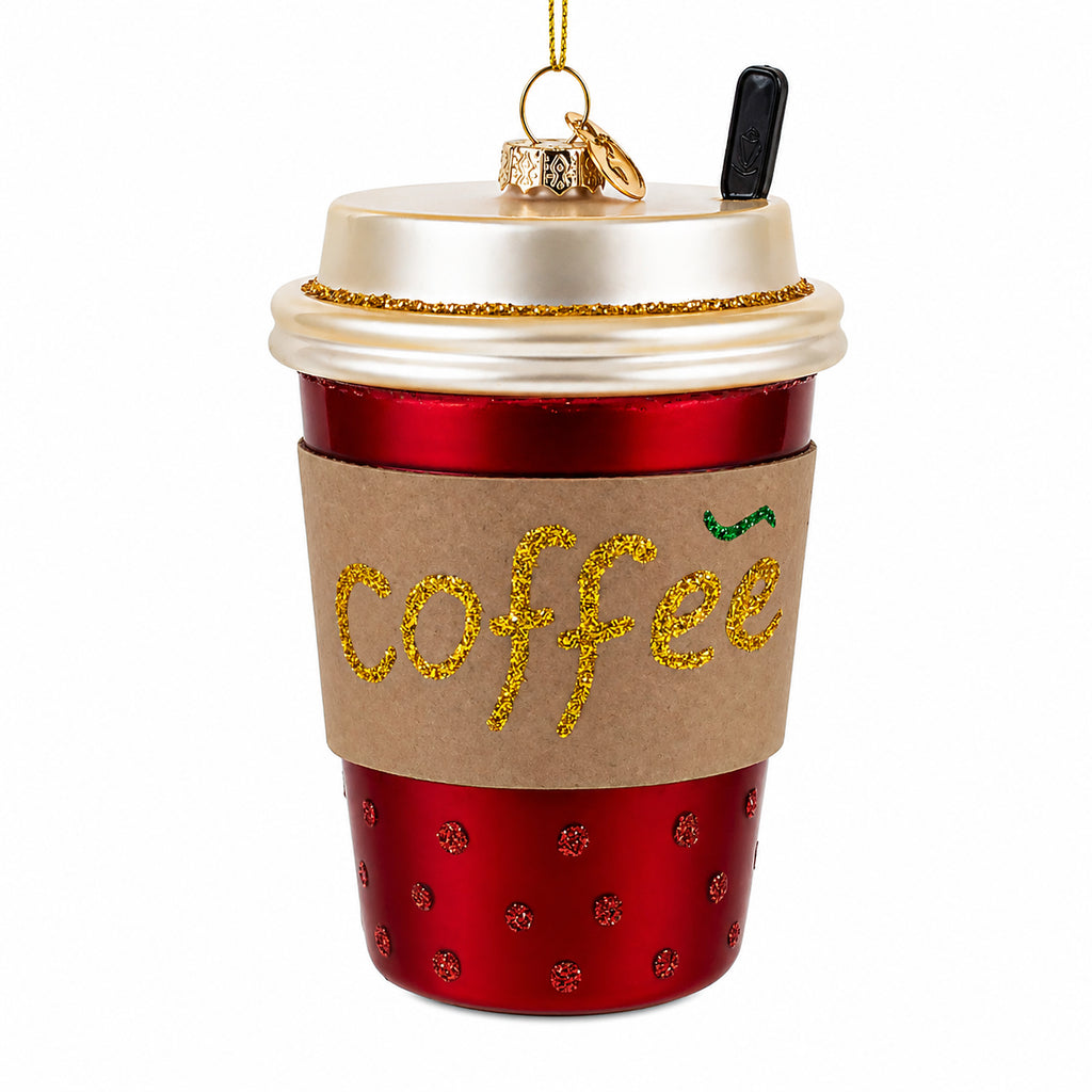 Red Coffee To-Go Cup Glass Christmas Ornament in Multi color Figurine