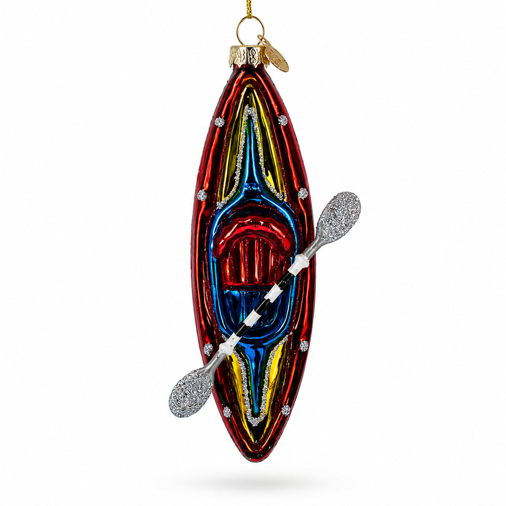 Adventure Kayak with Oar Glass Christmas Ornament in Red color Figurine