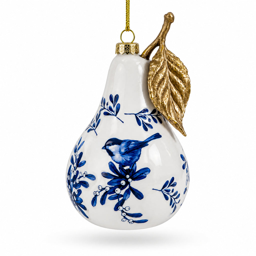 Bird on White Pear with Gold Leaf Glass Christmas Ornament in Multi color Figurine