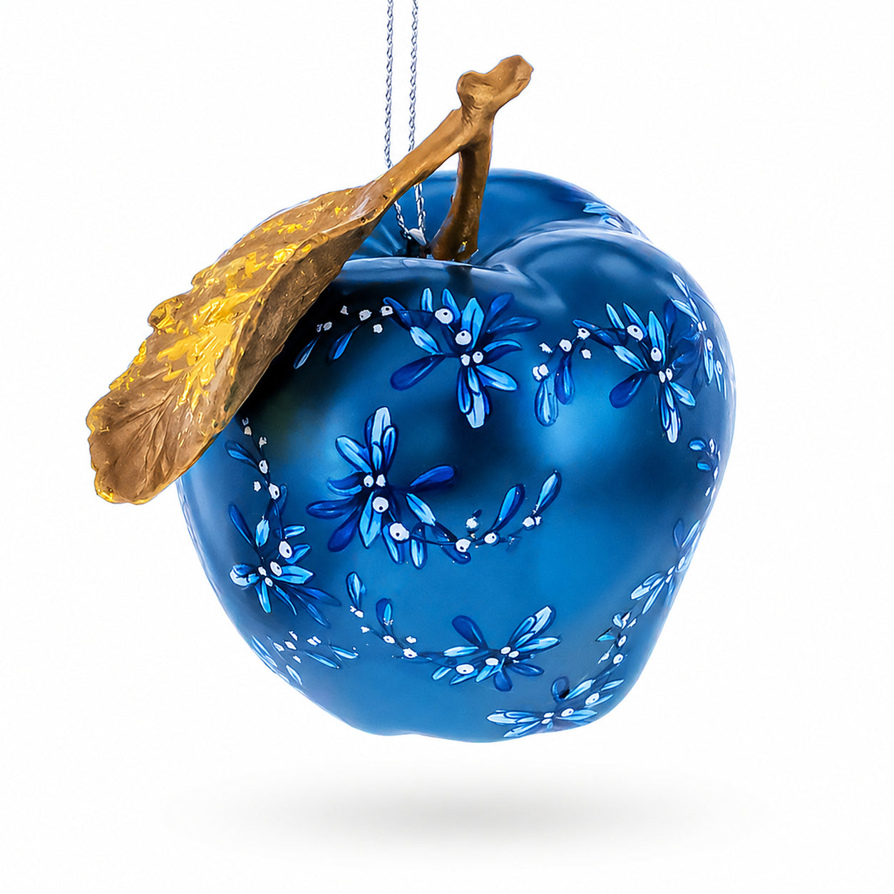 Metallic Apple with Gold Leaf Glass Christmas Ornament in Blue color Figurine