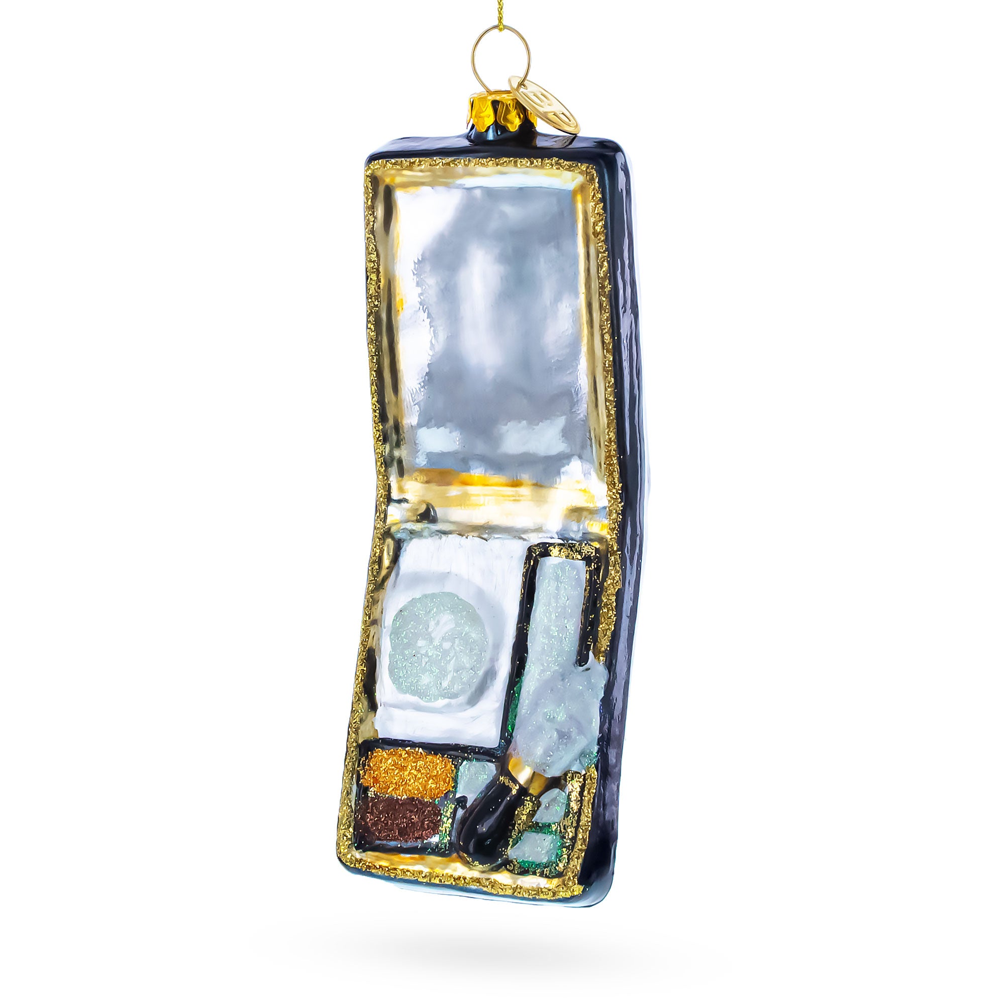 Black Makeup Compact with Mirror and Brush Glass Christmas Ornament in Multi color Figurine