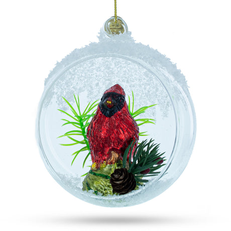 Stunning Red Cardinal Bird Encased in Glass Ball - Blown Christmas Ornament in Clear color, Round shape