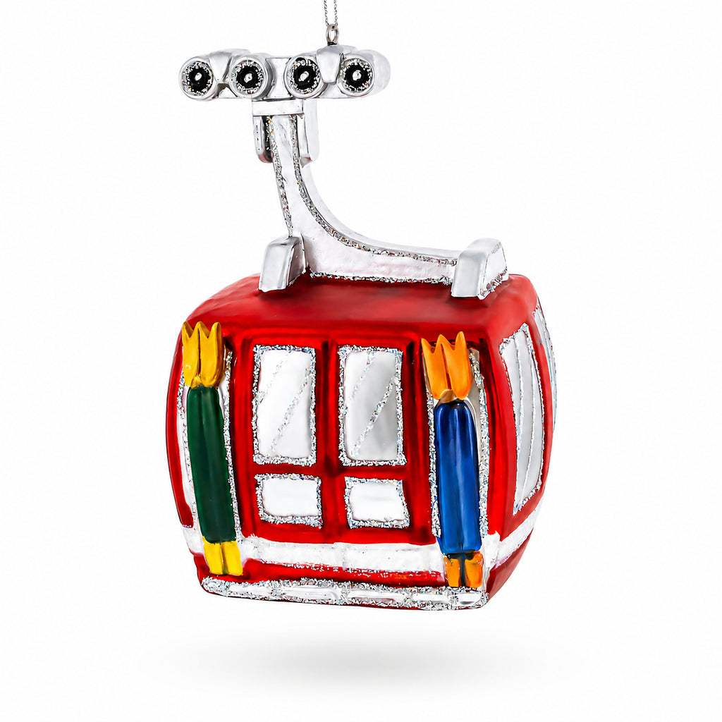 Red Ski Gondola Glass Christmas Ornament in Multi color Figurine