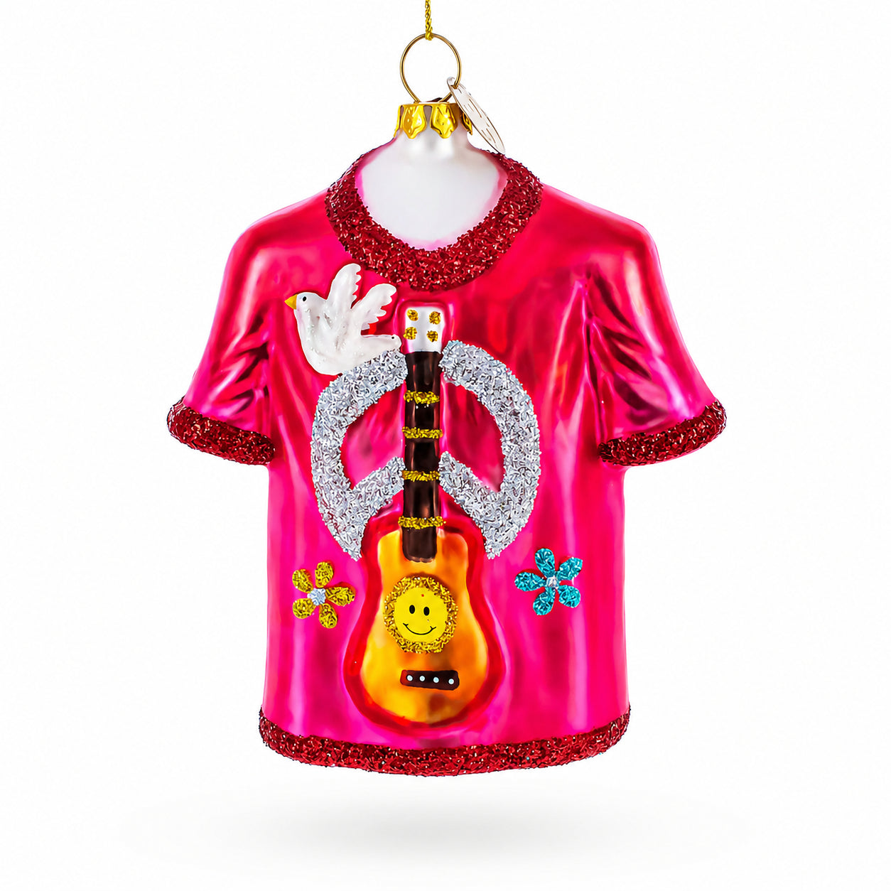 Hippie Peace & Love T-Shirt Glass Christmas Ornament in Pink color Figurine