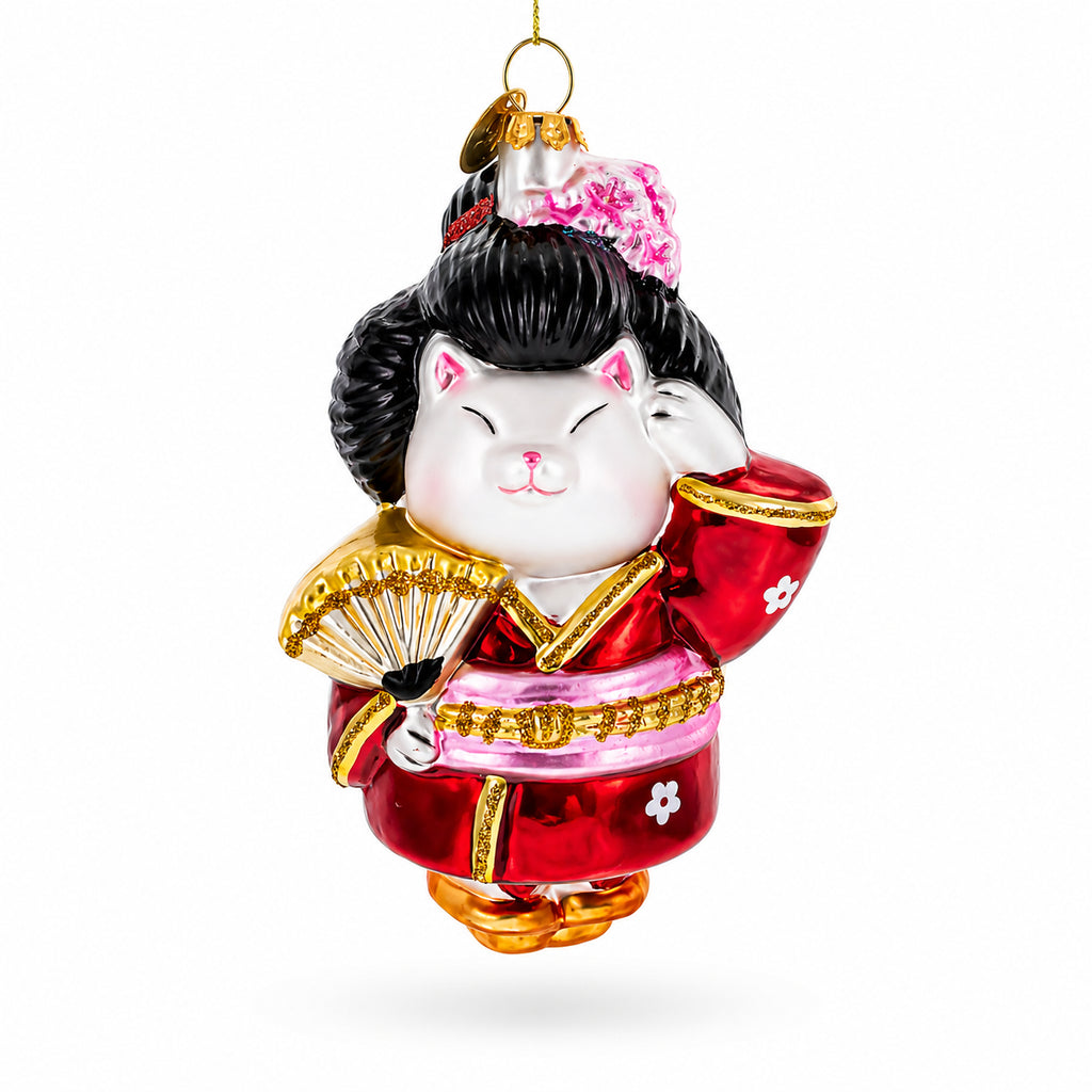 Geisha Cat in Kimono Glass Christmas Ornament in Multi color Figurine