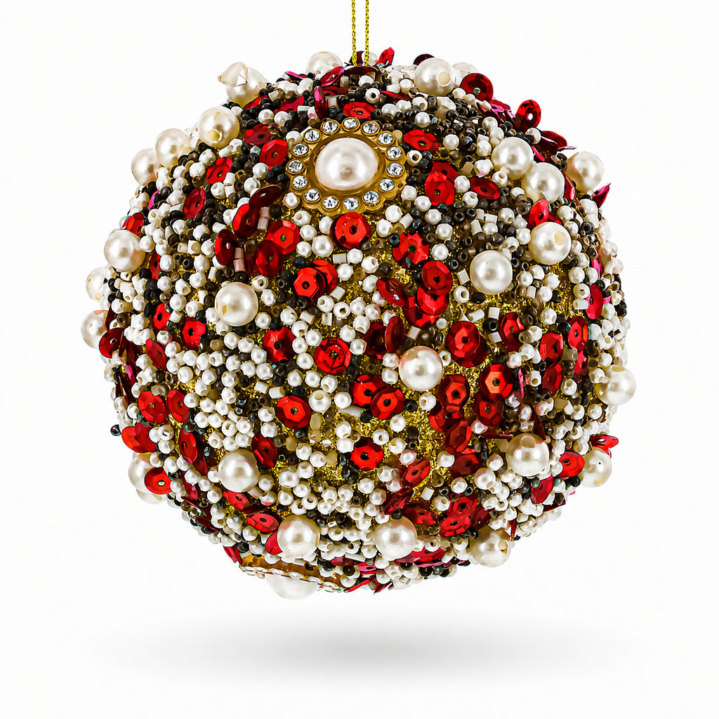 Red & Gold Beaded Glass Christmas Ornament in Multi color Figurine