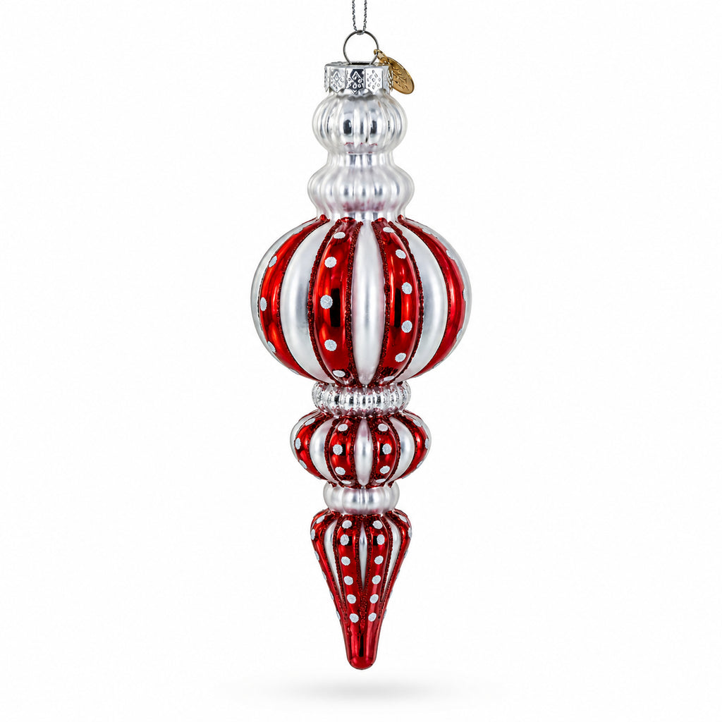 Red and Silver with Polka Dots Striped Glass Finial Christmas Ornament in Multi color Finial