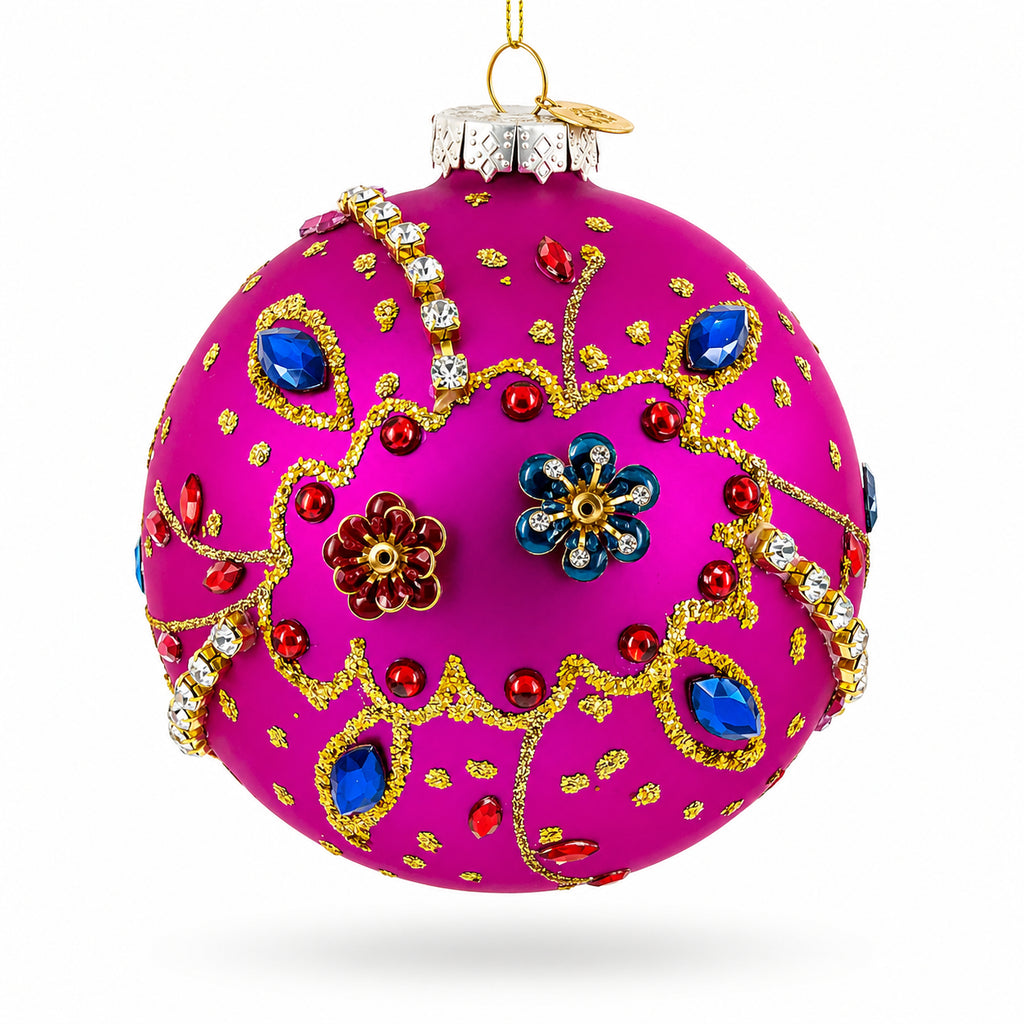 Bright Fuchsia with Glitter and Gems Glass Ball Christmas Ornament in Multi color Round