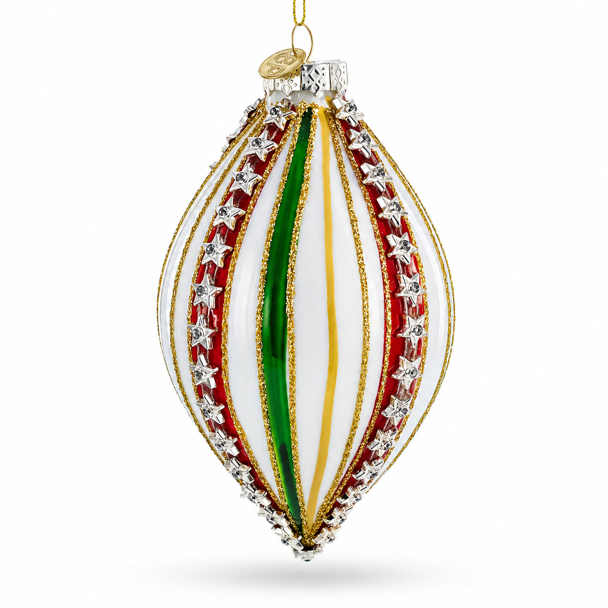 Striped White and Green Teardrop Finial Glass Christmas Ornament in Multi color Finial