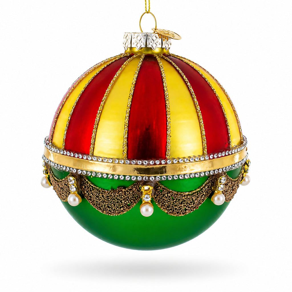 Red and Gold Dome with Green Drapes Glass Ball Christmas Ornament in Multi color Round