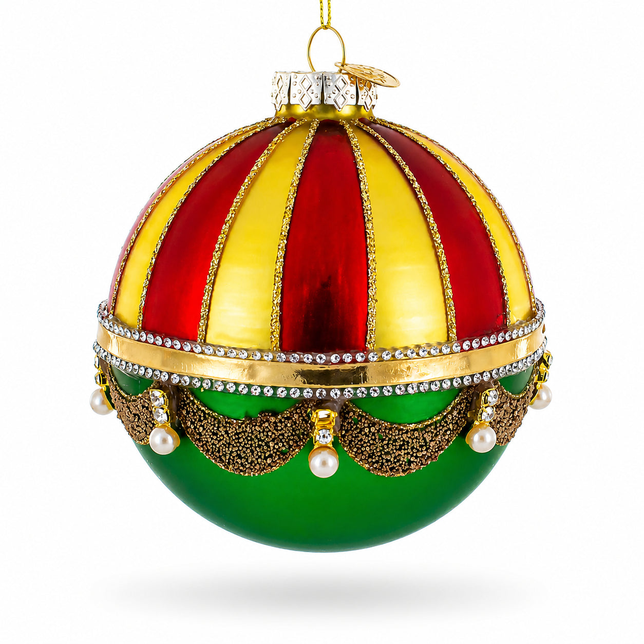 Red and Gold Dome with Green Drapes Glass Ball Christmas Ornament in Multi color Round