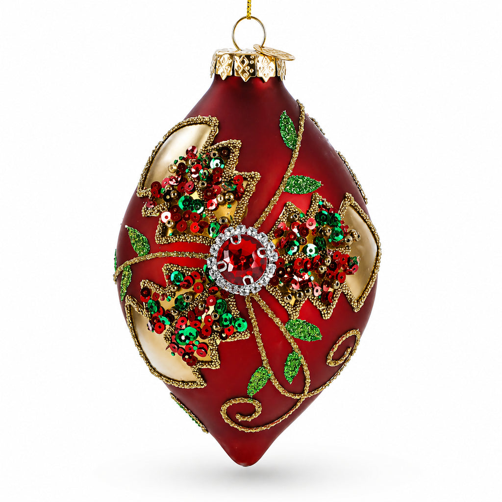 Red Teardrop with Jewel Center and Glitter Flowers Glass Christmas Ornament in Multi color Figurine