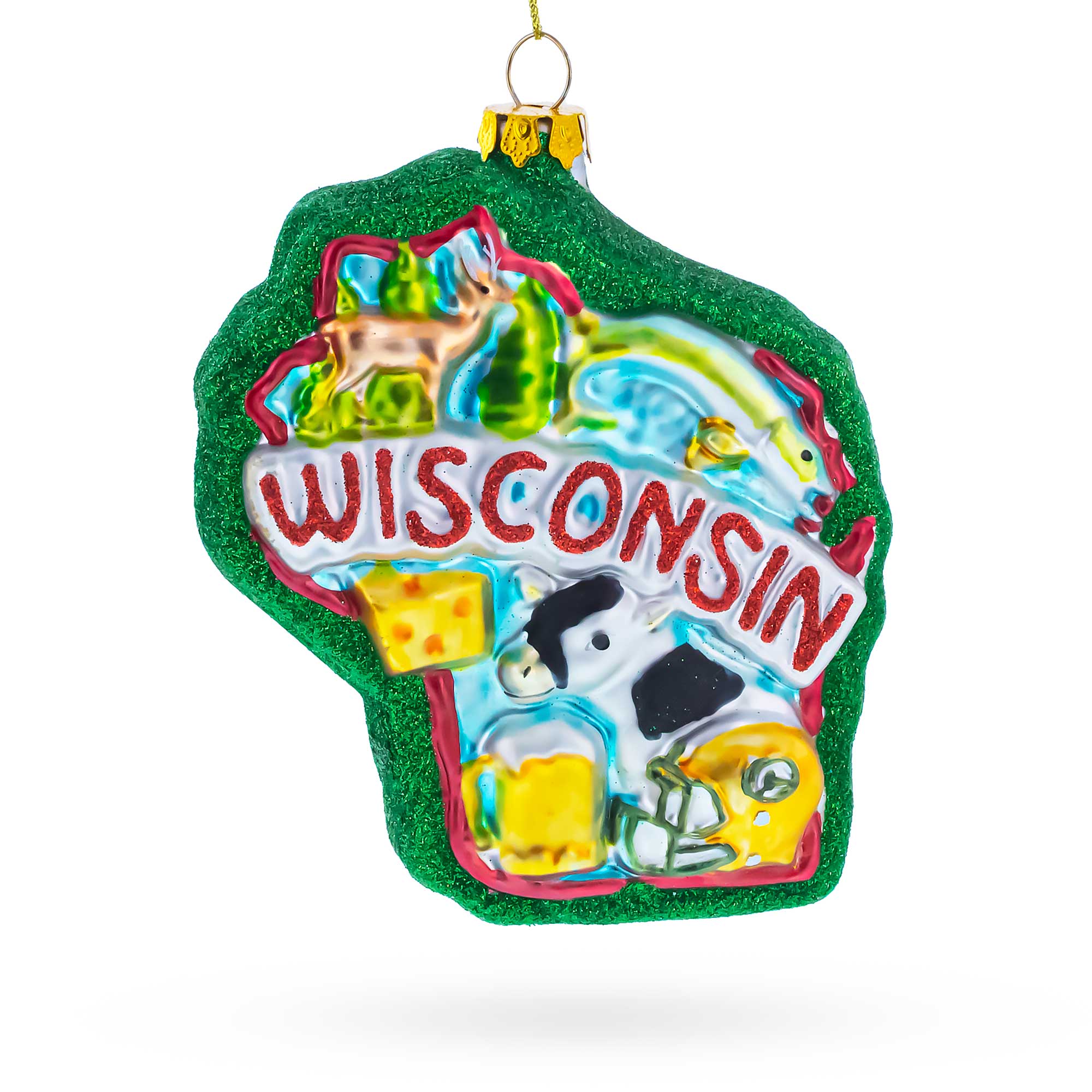 Wisconsin State Map with Icons Glass Christmas Ornament in Multi color Figurine