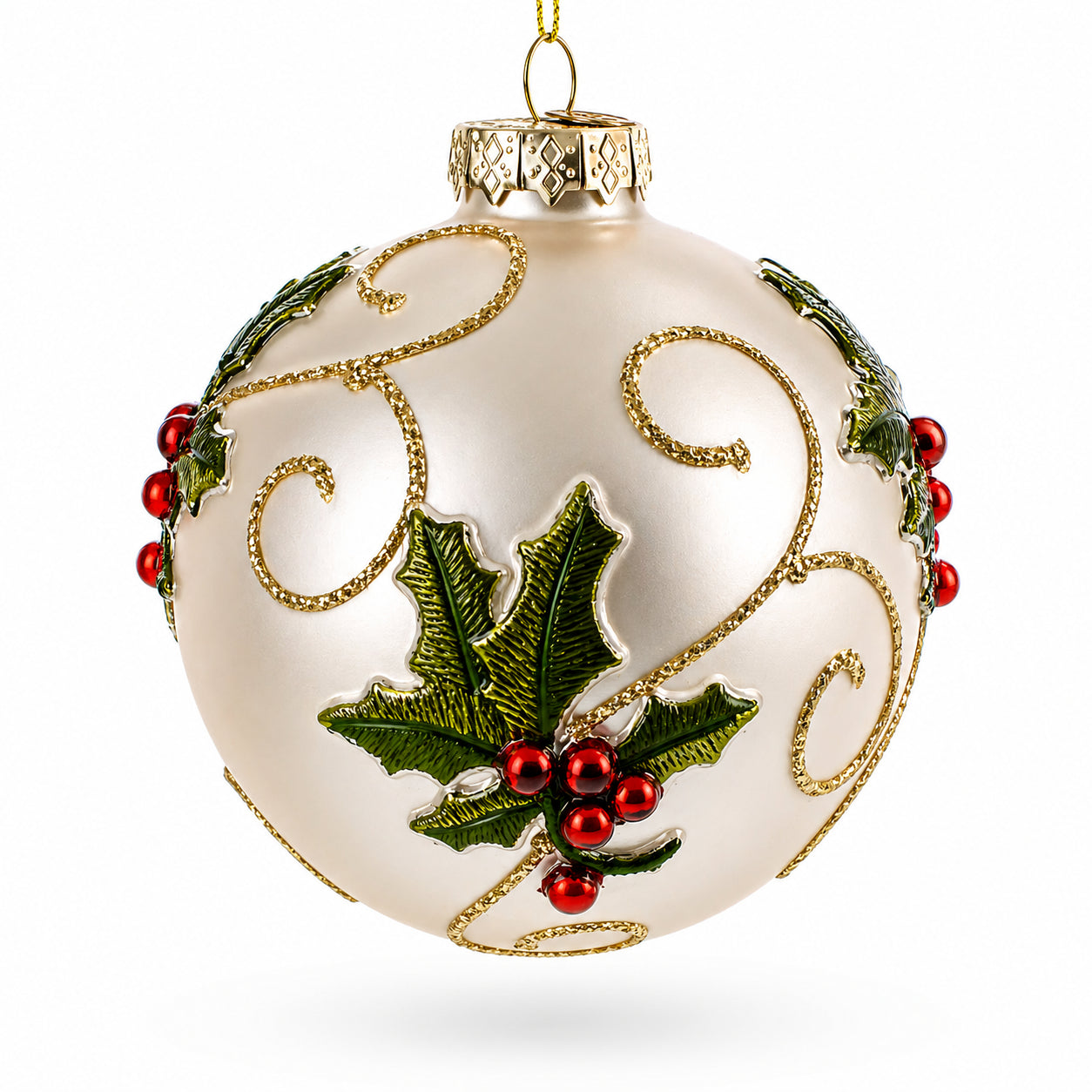 Ivory with Holly Leaves and Red Berries Glass Ball Christmas Ornament in Silver color Round