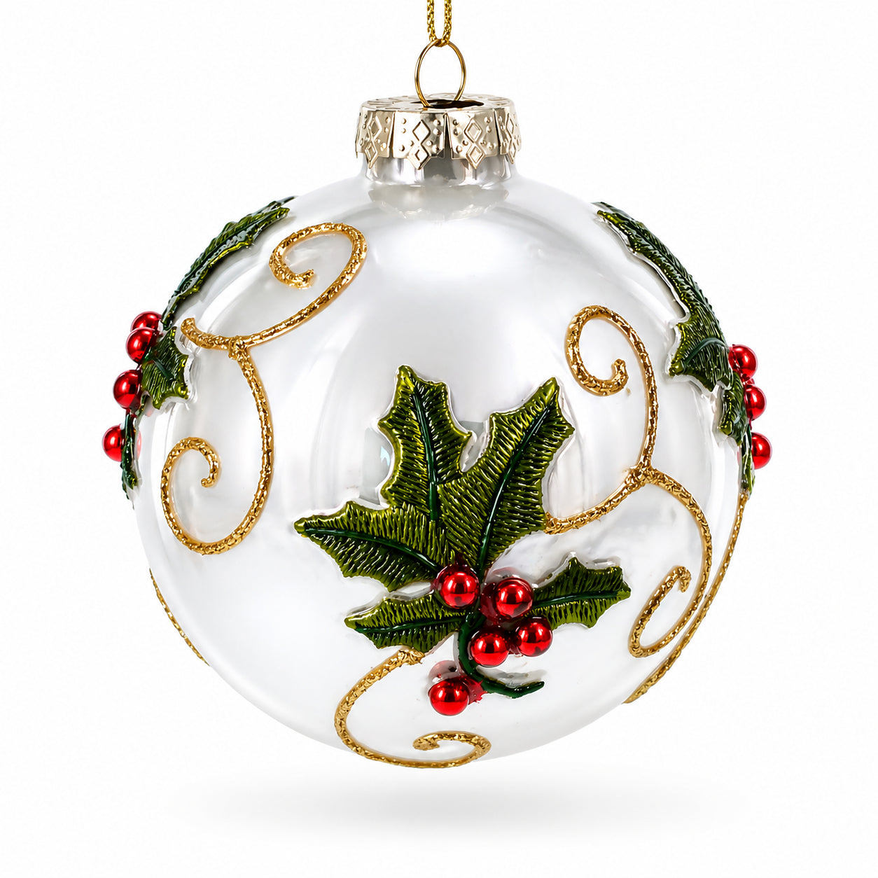 Holly Leaves and Gold Swirls Glass Ball Christmas Ornament in Silver color Round