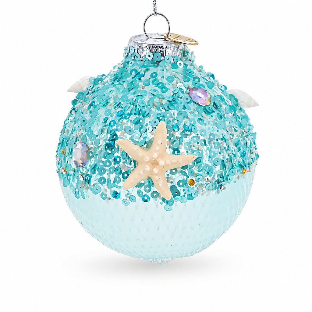 Sequins and Net Overlay Glass Ball Christmas Ornament in Blue color Round