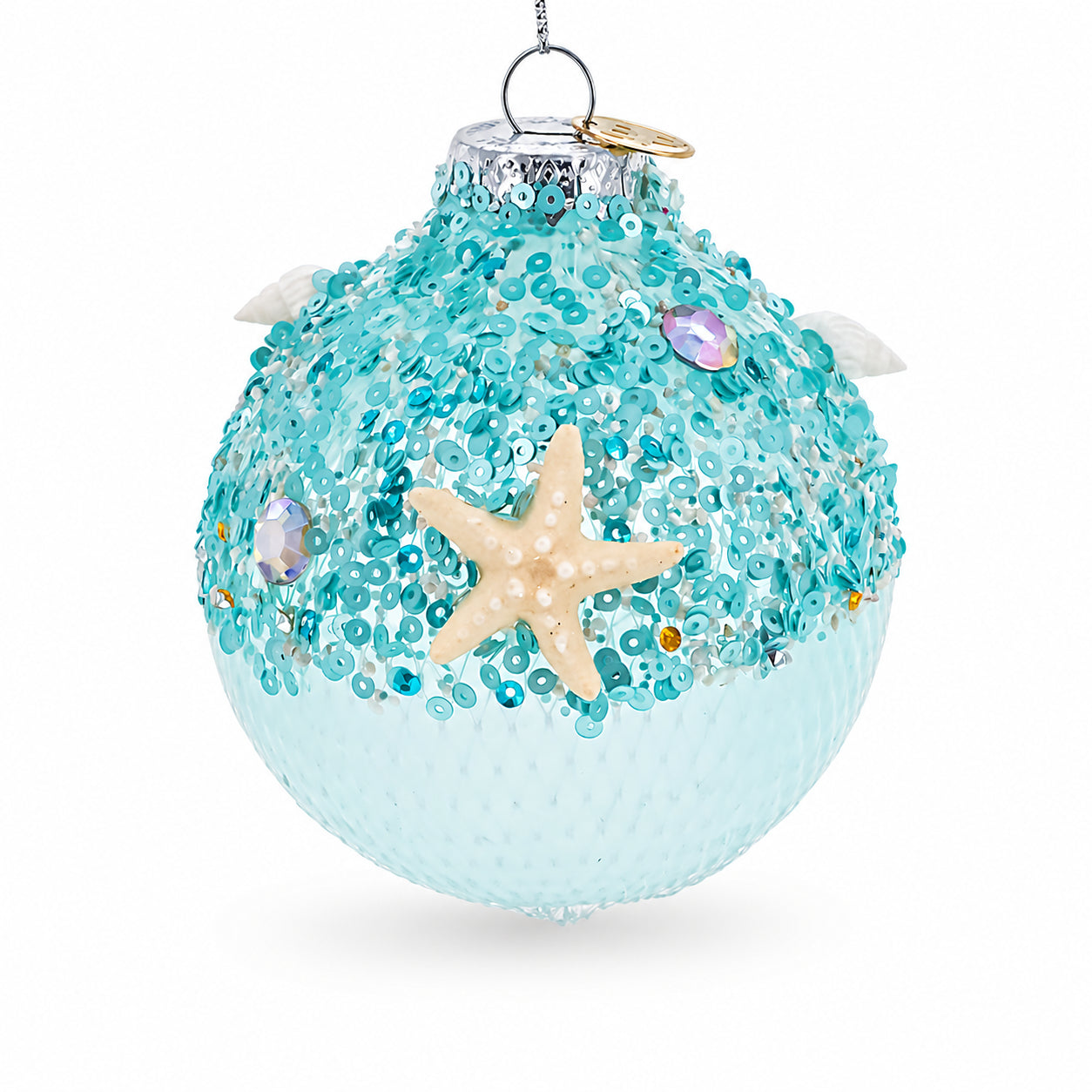 Sequins and Net Overlay Glass Ball Christmas Ornament in Blue color Round