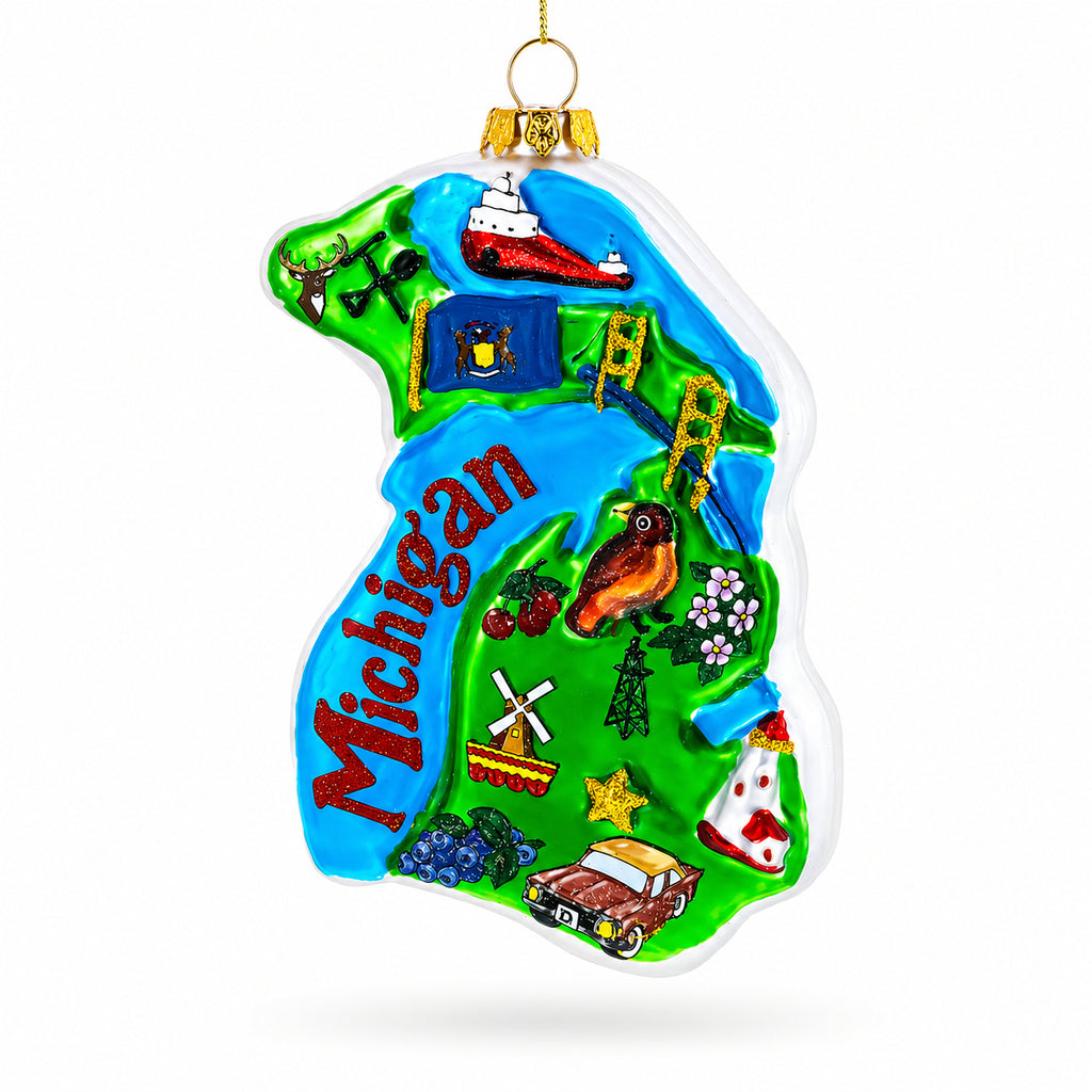 Michigan State Map with Landmarks Glass Christmas Ornament in Multi color Figurine