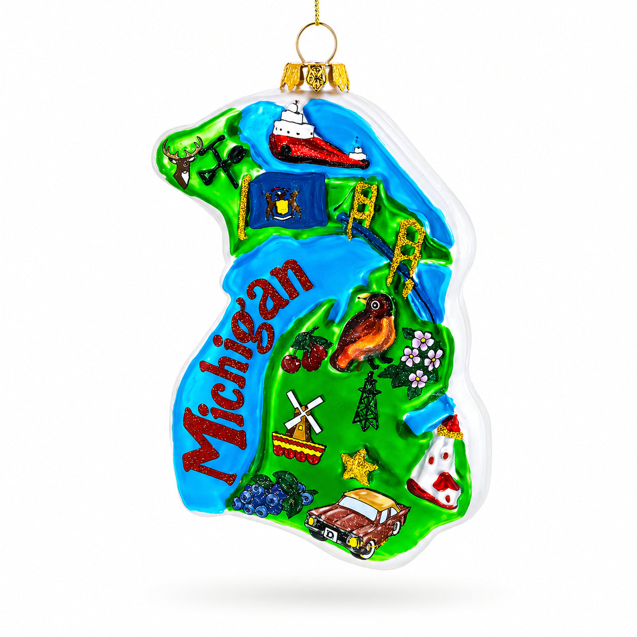 Michigan State Map with Landmarks Glass Christmas Ornament in Multi color Figurine