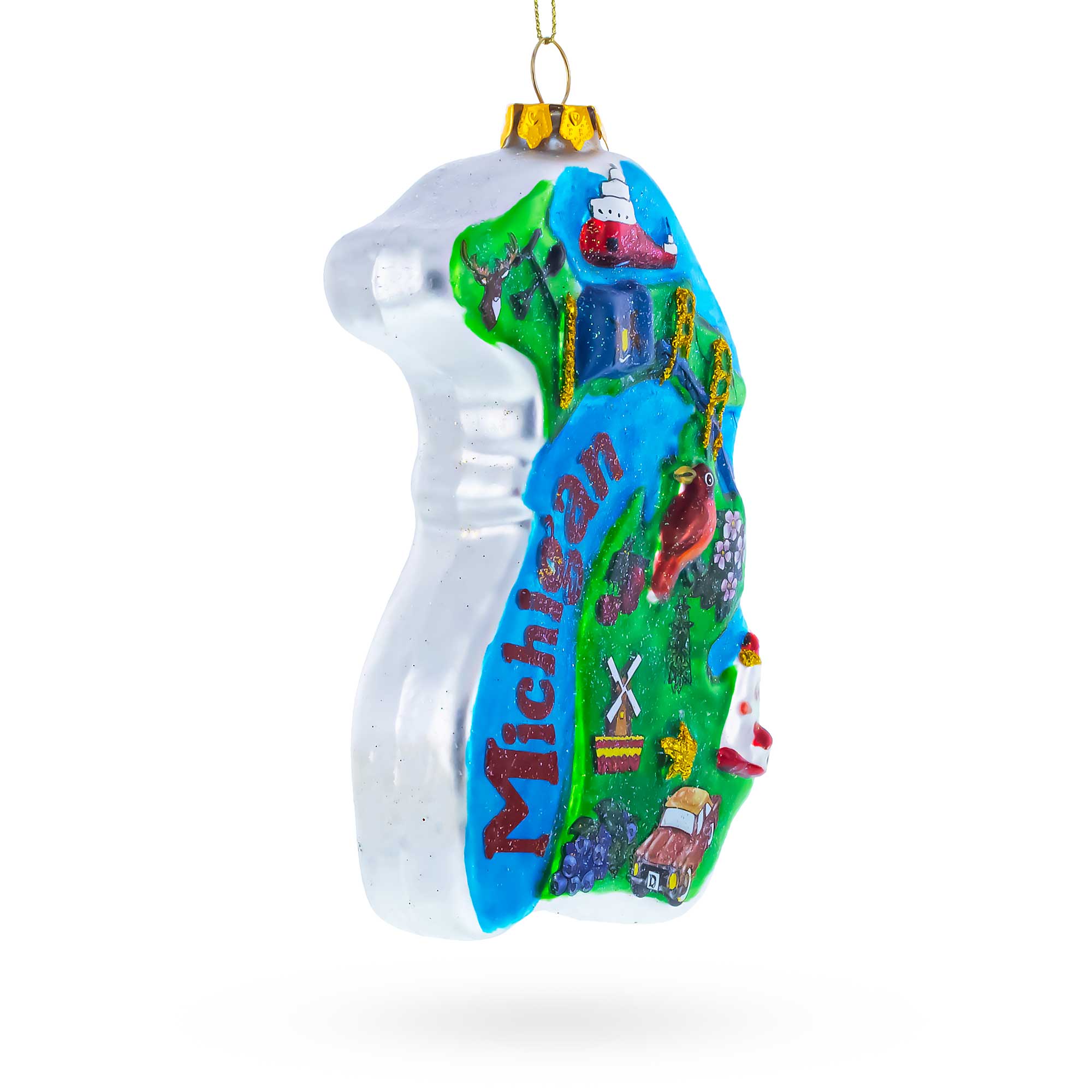 Michigan State Map with Landmarks Glass Christmas OrnamentChina , dimensions in inches: 5.9 x 1.2 x 3.7