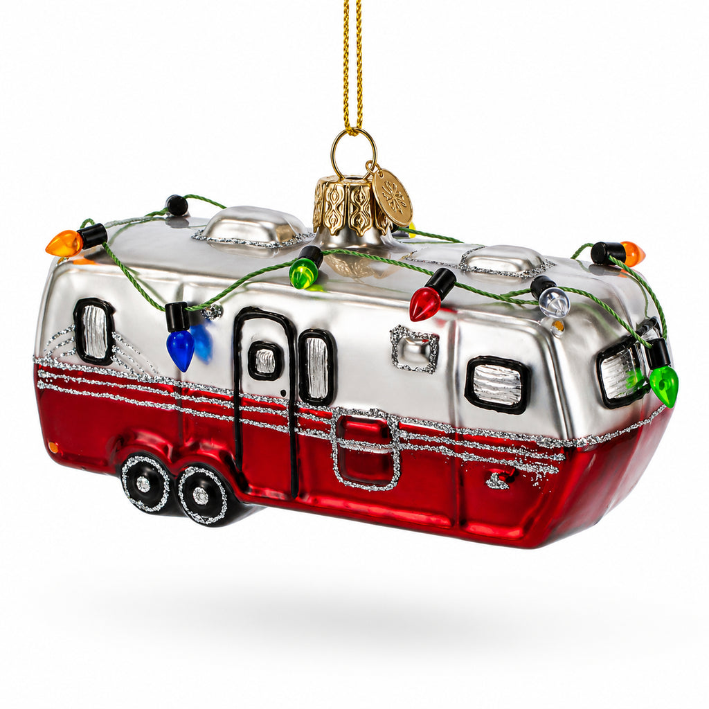 Vintage RV Travel Camper Trailer Glass Christmas Ornament in Multi color Figurine
