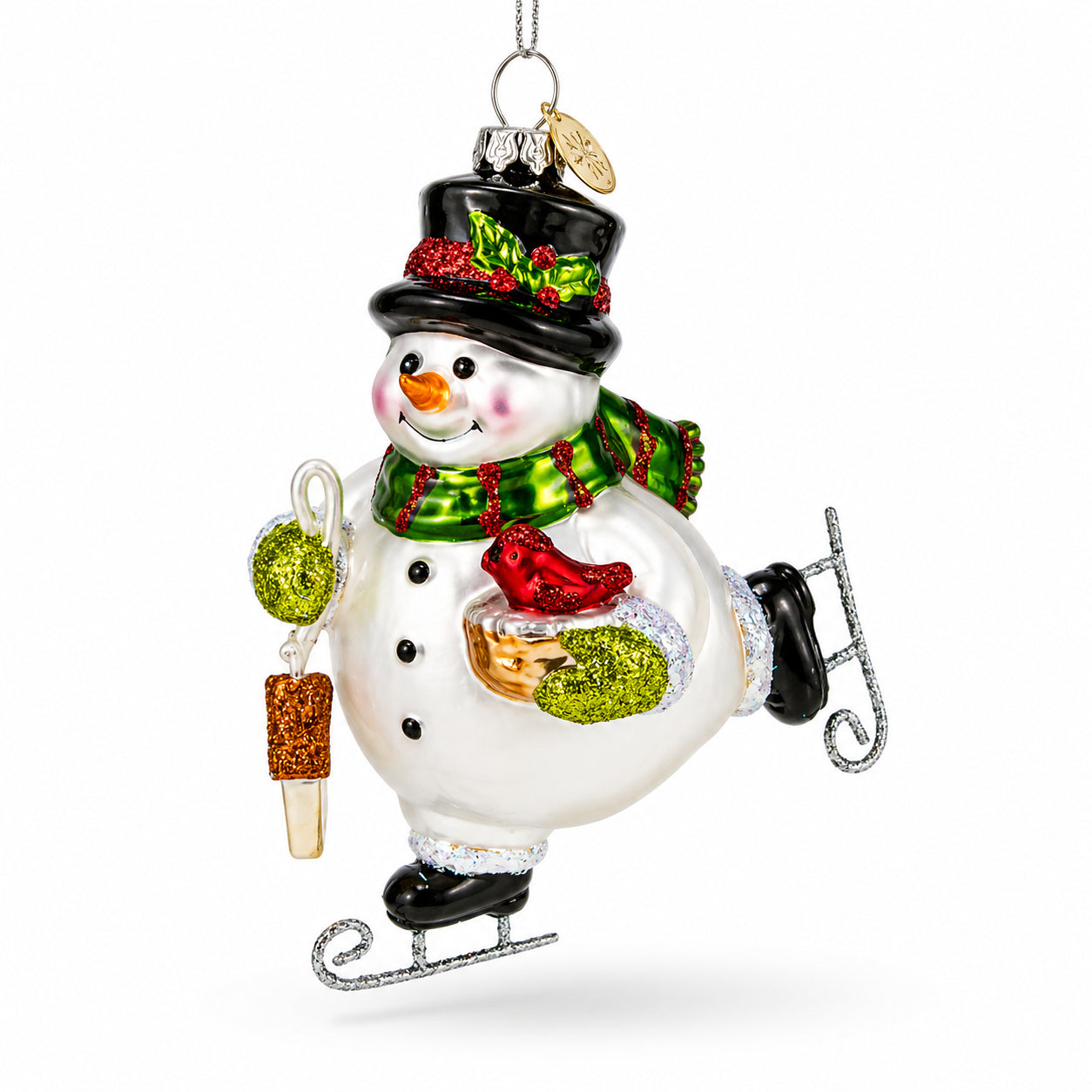 Ice Skating Snowman with Birdhouse Glass Christmas Ornament in Multi color Figurine