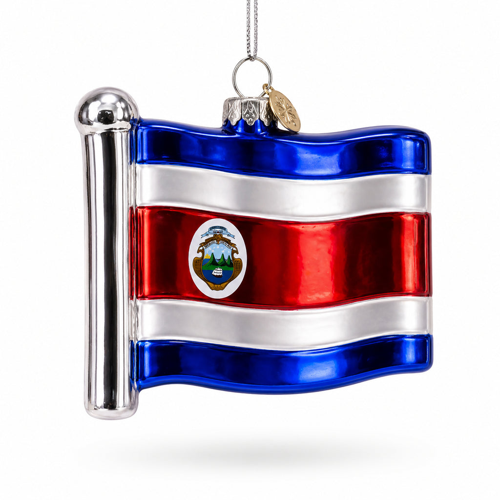 Waving Flag of Costa Rica Glass Christmas Ornament in Multi color Figurine