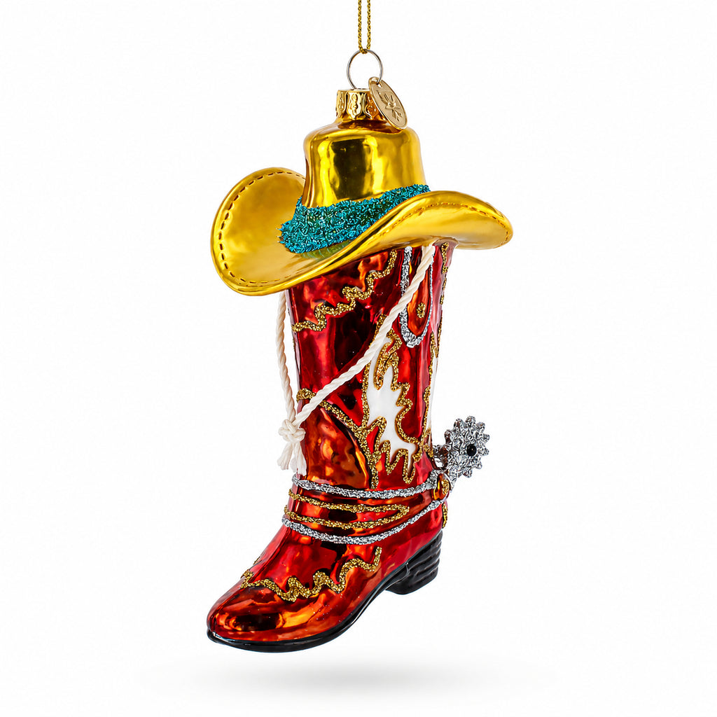 Western Cowboy Boot with Hat and Spur Glass Christmas Ornament in Multi color Figurine