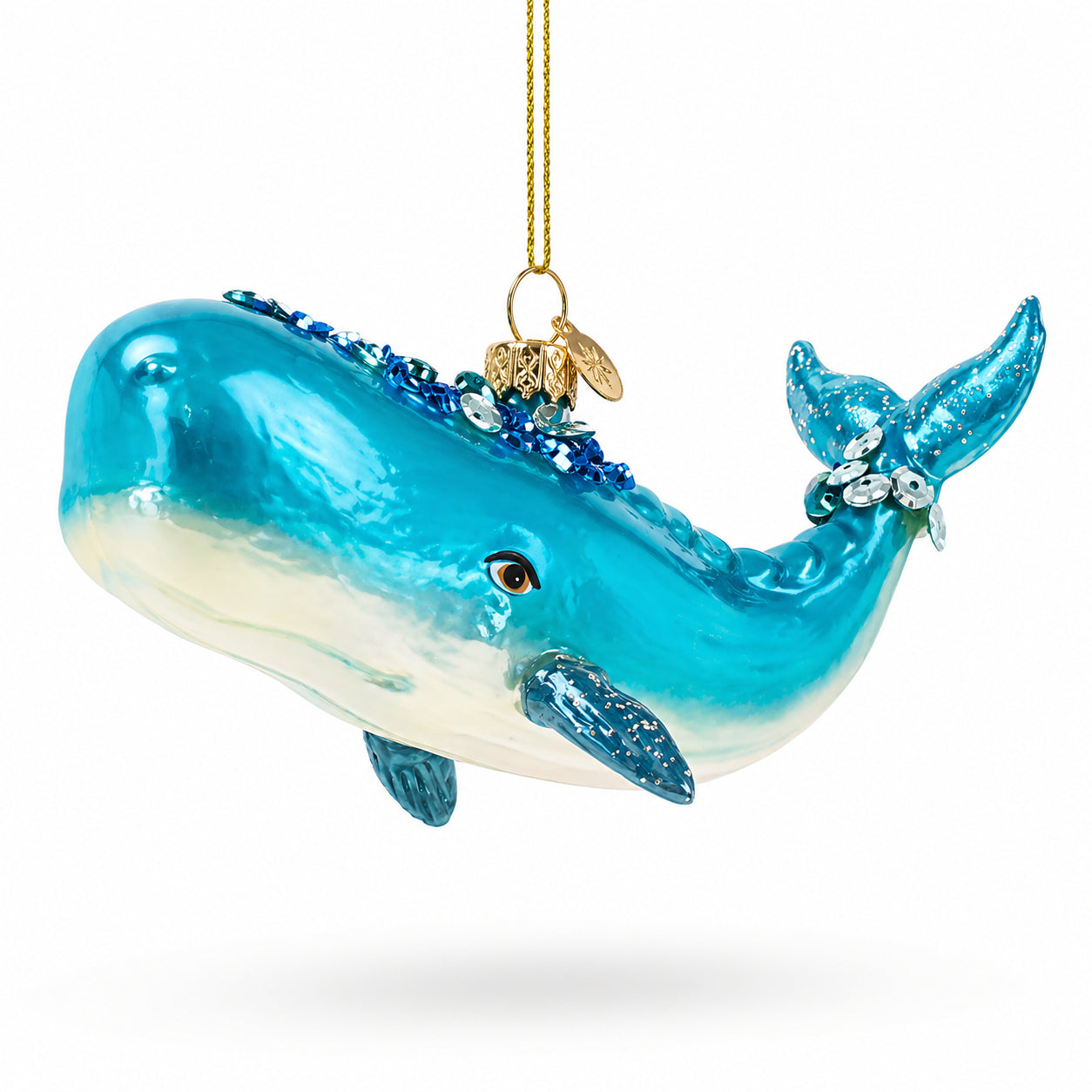 Whale with Sequins and Glitter Glass Christmas Ornament in Blue color Figurine
