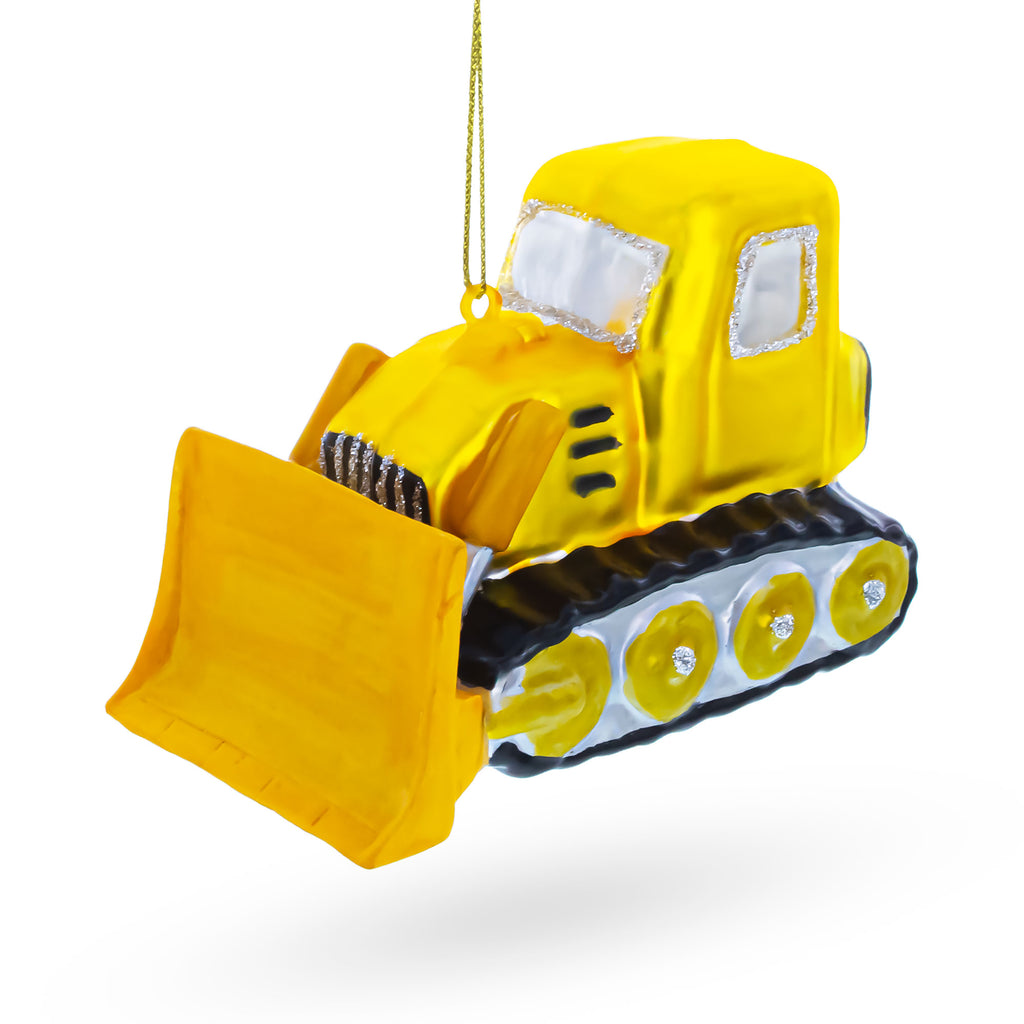 Bulldozer with Front Blade Glass Christmas Ornament in Yellow color Figurine