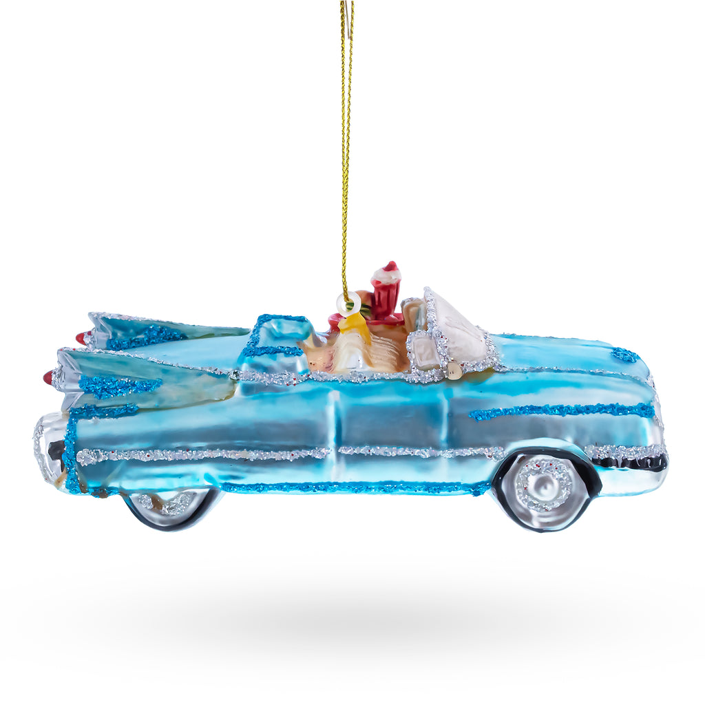Classic Convertible Blue Retro Car Glass Christmas OrnamentChina , dimensions in inches: 5.3 x 1.6 x
