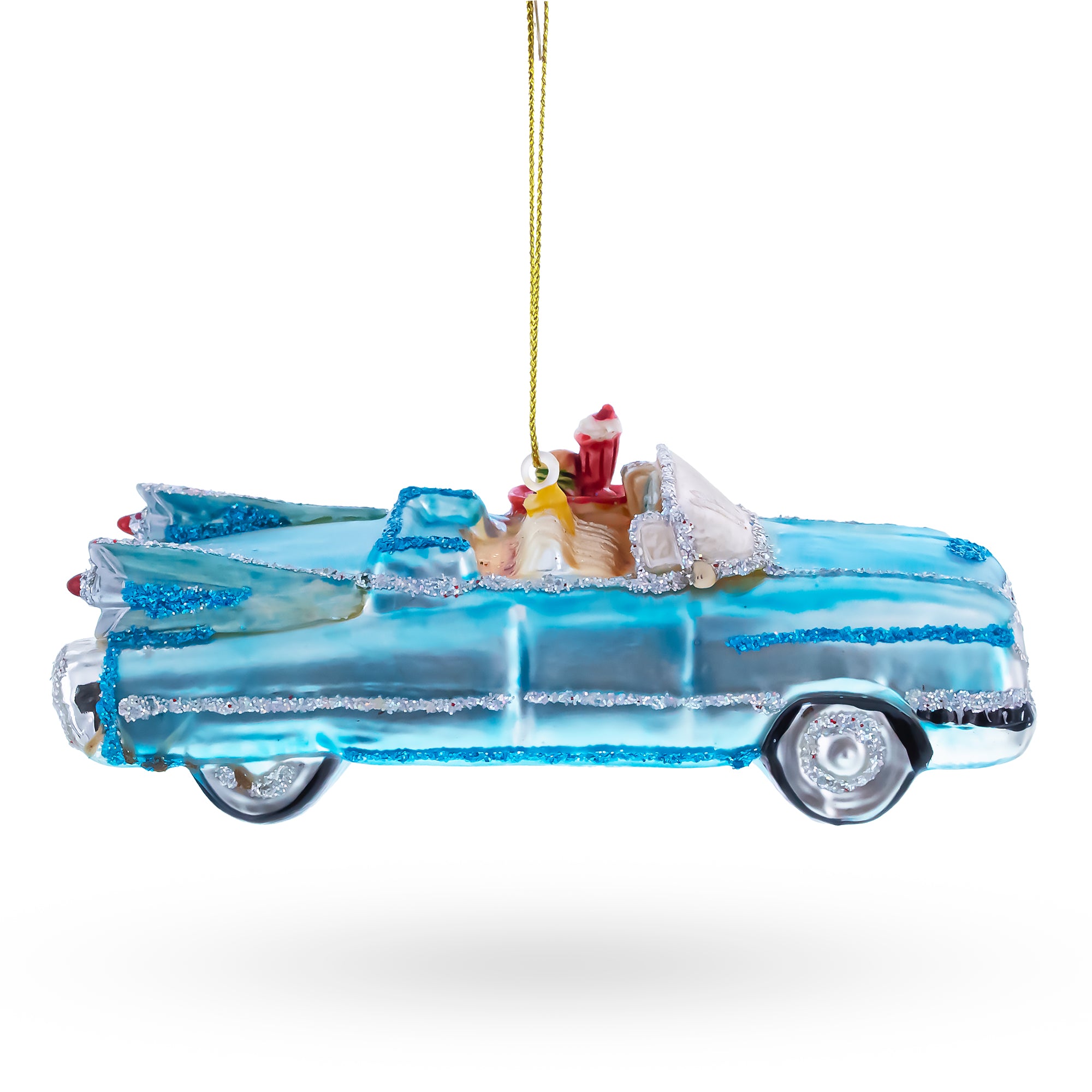 Classic Convertible Blue Retro Car Glass Christmas OrnamentChina , dimensions in inches: 5.3 x 1.6 x