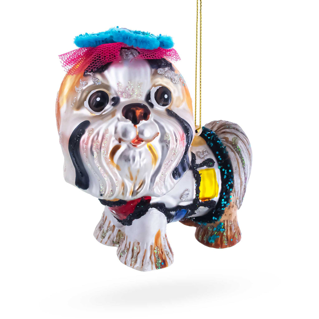 Shih Tzu with Teal Floral Headpiece Glass Christmas Ornament in Multi color Figurine