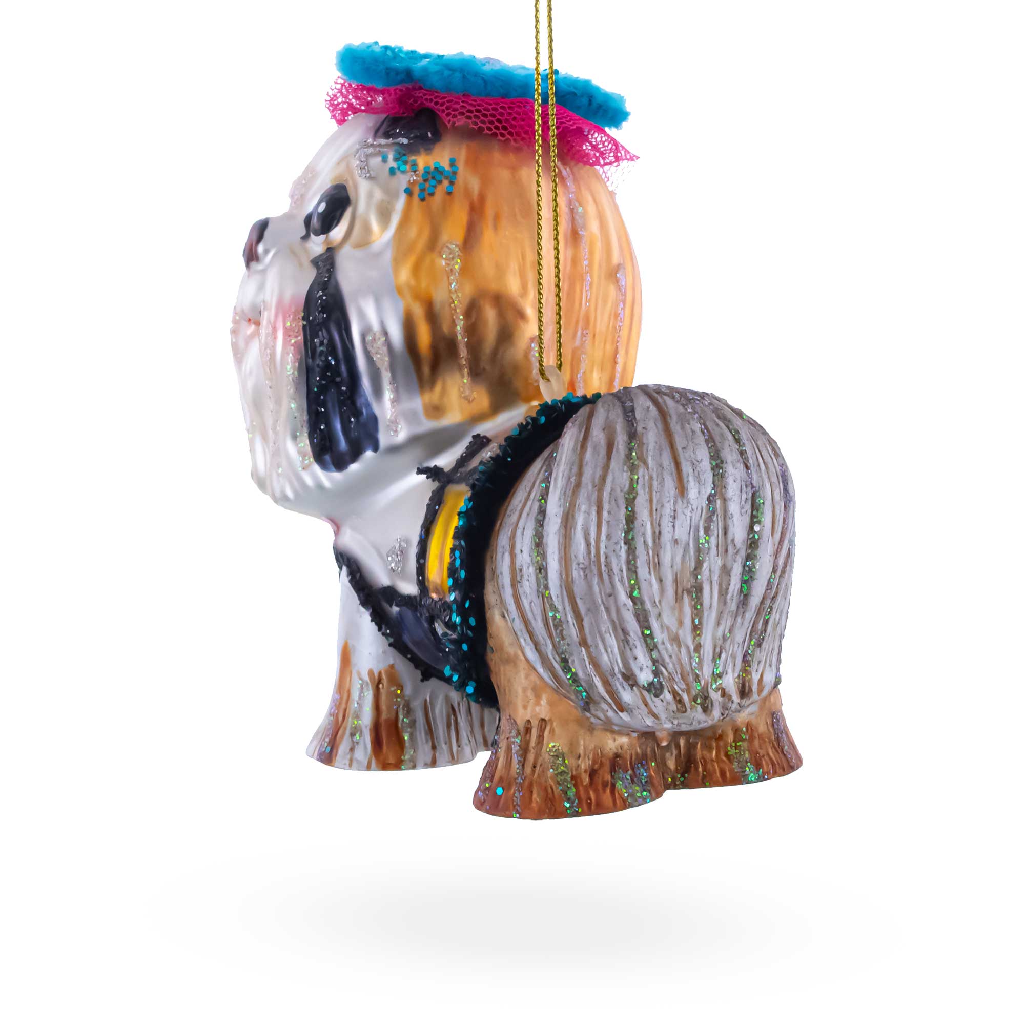 Shih Tzu with Teal Floral Headpiece Glass Christmas OrnamentChina , dimensions in inches: 4.2 x 3.9 x