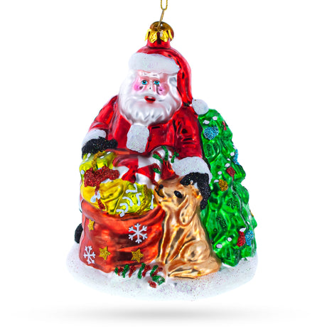 Glass Heartwarming Santa with Golden Retriever - Blown Glass Christmas Ornament in Multi color