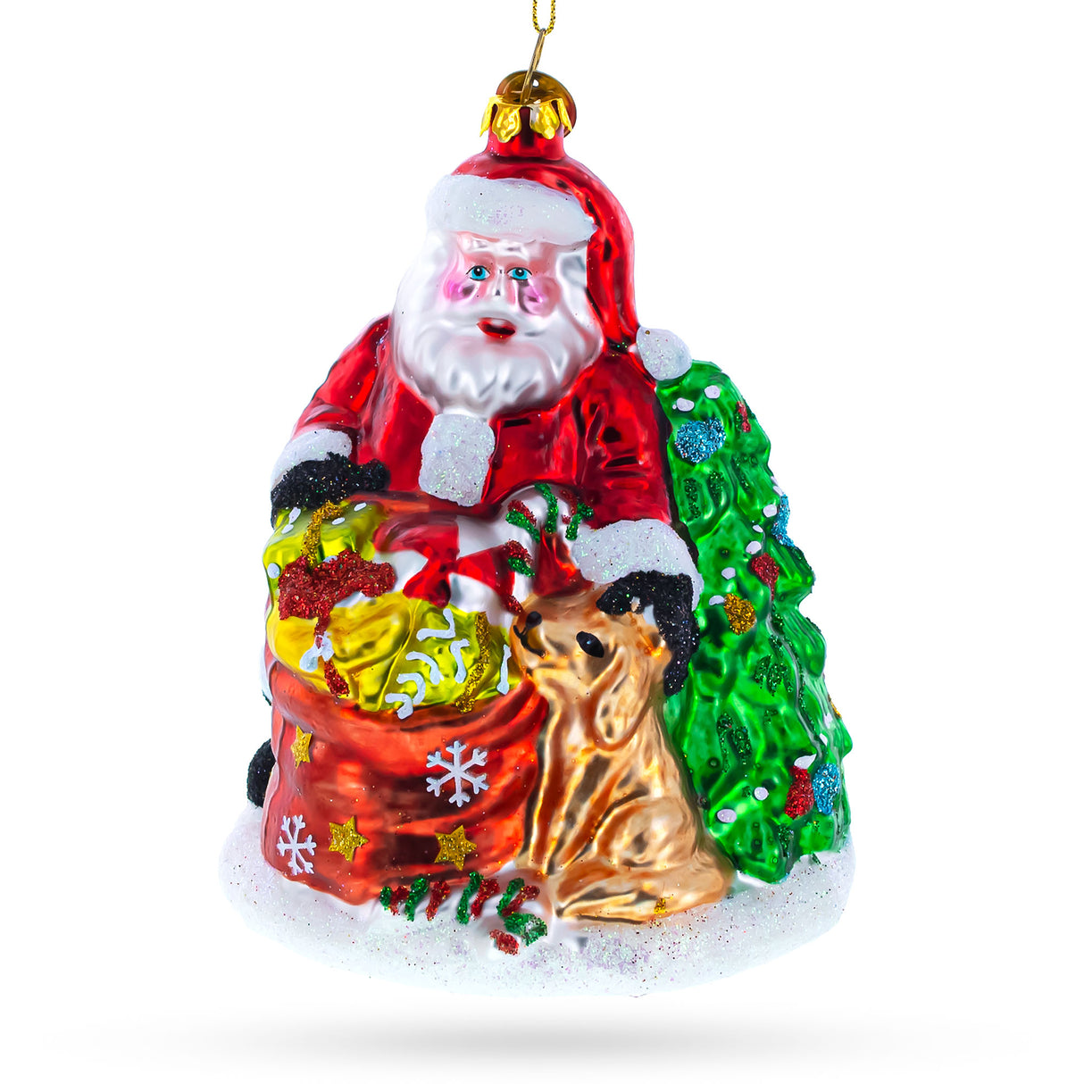 Glass Heartwarming Santa with Golden Retriever - Blown Glass Christmas Ornament in Multi color
