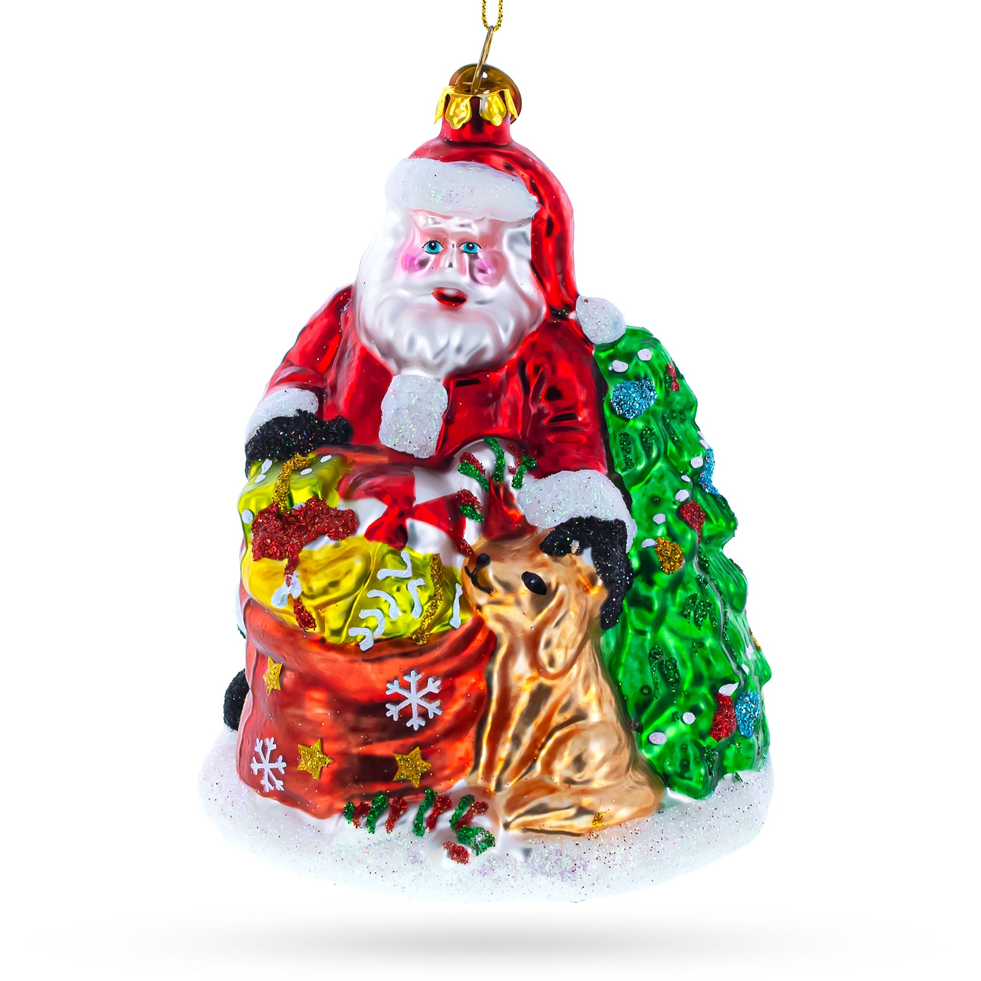 Santa with Puppy and Christmas Tree Glass Christmas Ornament in Red color Figurine