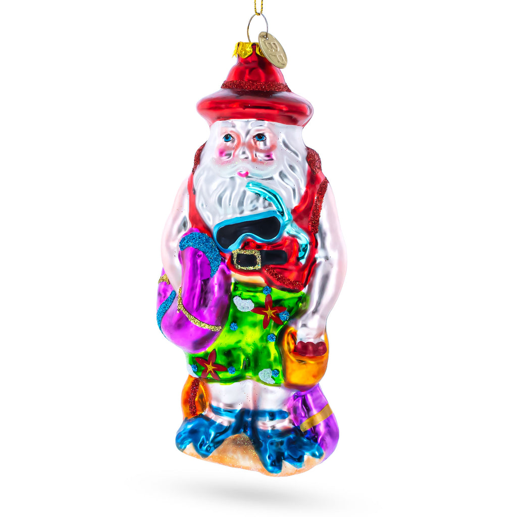 Tropical Diver Santa on the Beach Glass Christmas Ornament in Pink color Figurine