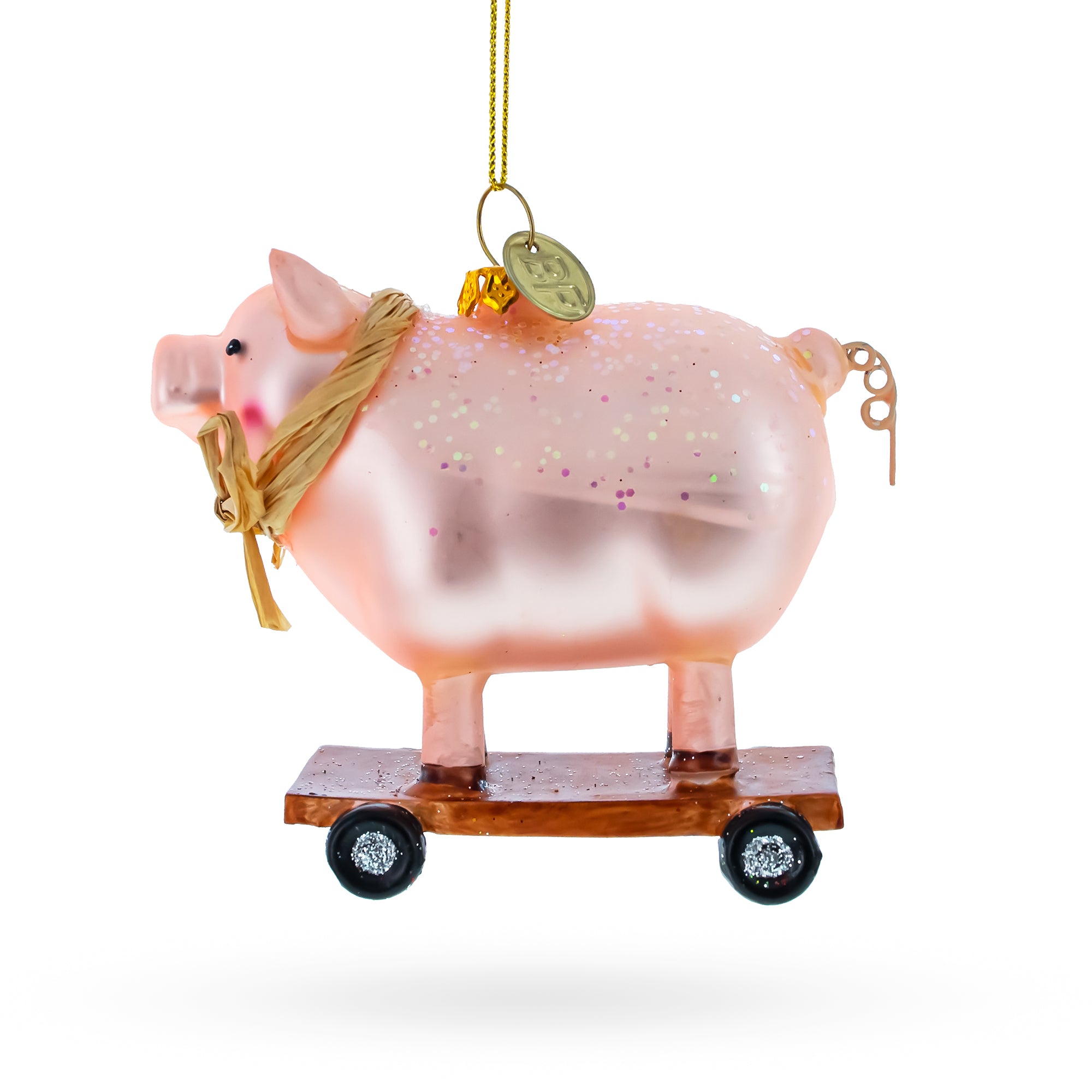 Playful Pig Riding a Skateboard Glass Christmas Ornament in Pink color Figurine