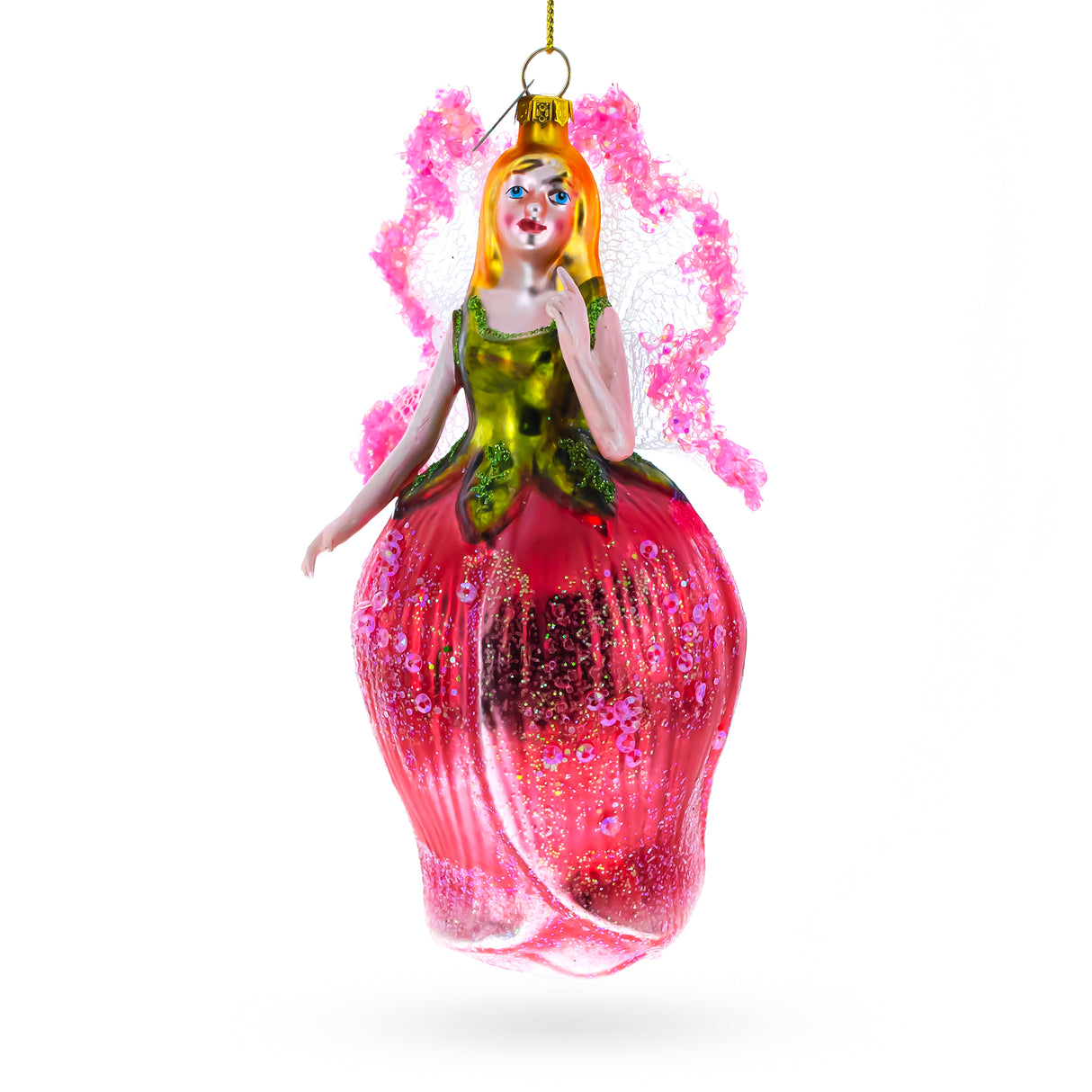 Enchanting Fairy in a Rose Dress - Blown Glass Christmas Ornament in Pink color,  shape