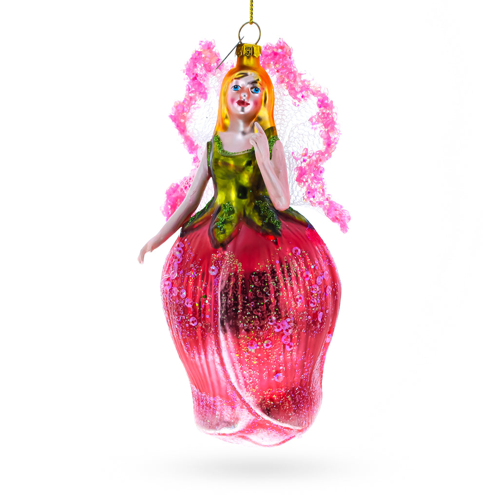 Enchanting Fairy in a Rose Dress Glass Christmas Ornament in Pink color Figurine