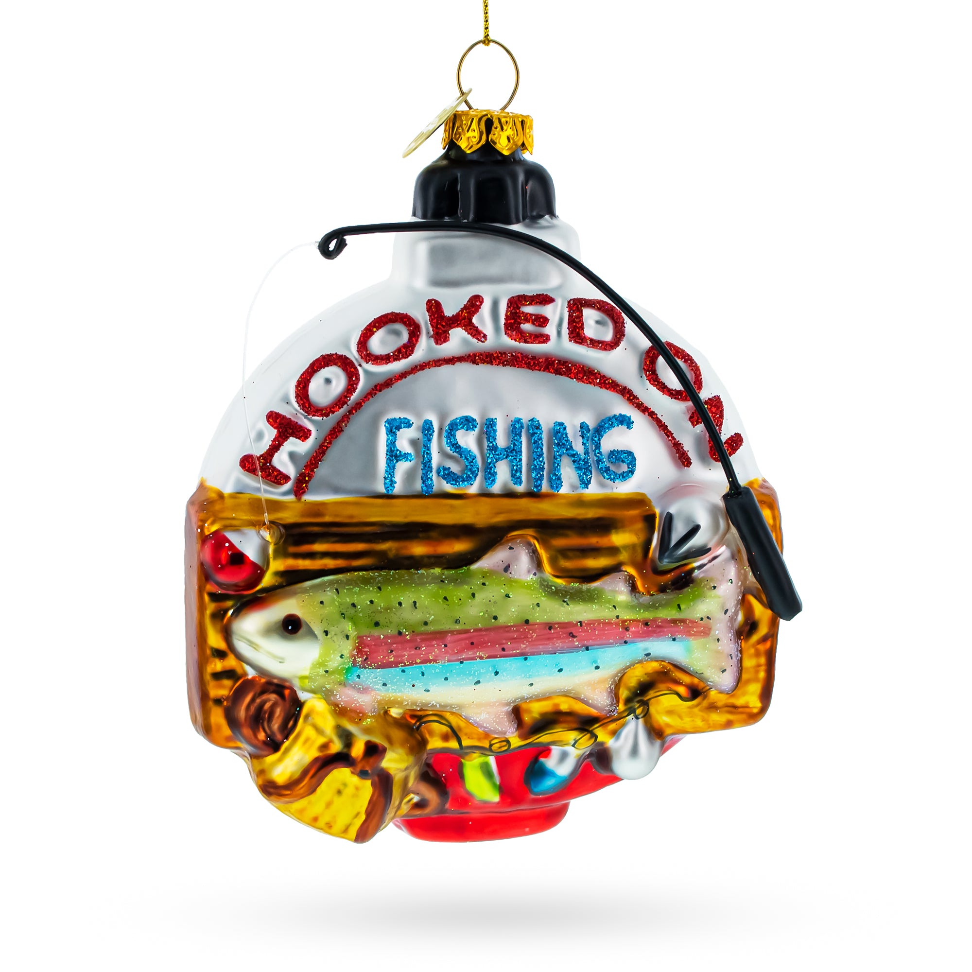 Captivating "Hooked on Fishing" Glass Christmas Ornament in White color Figurine